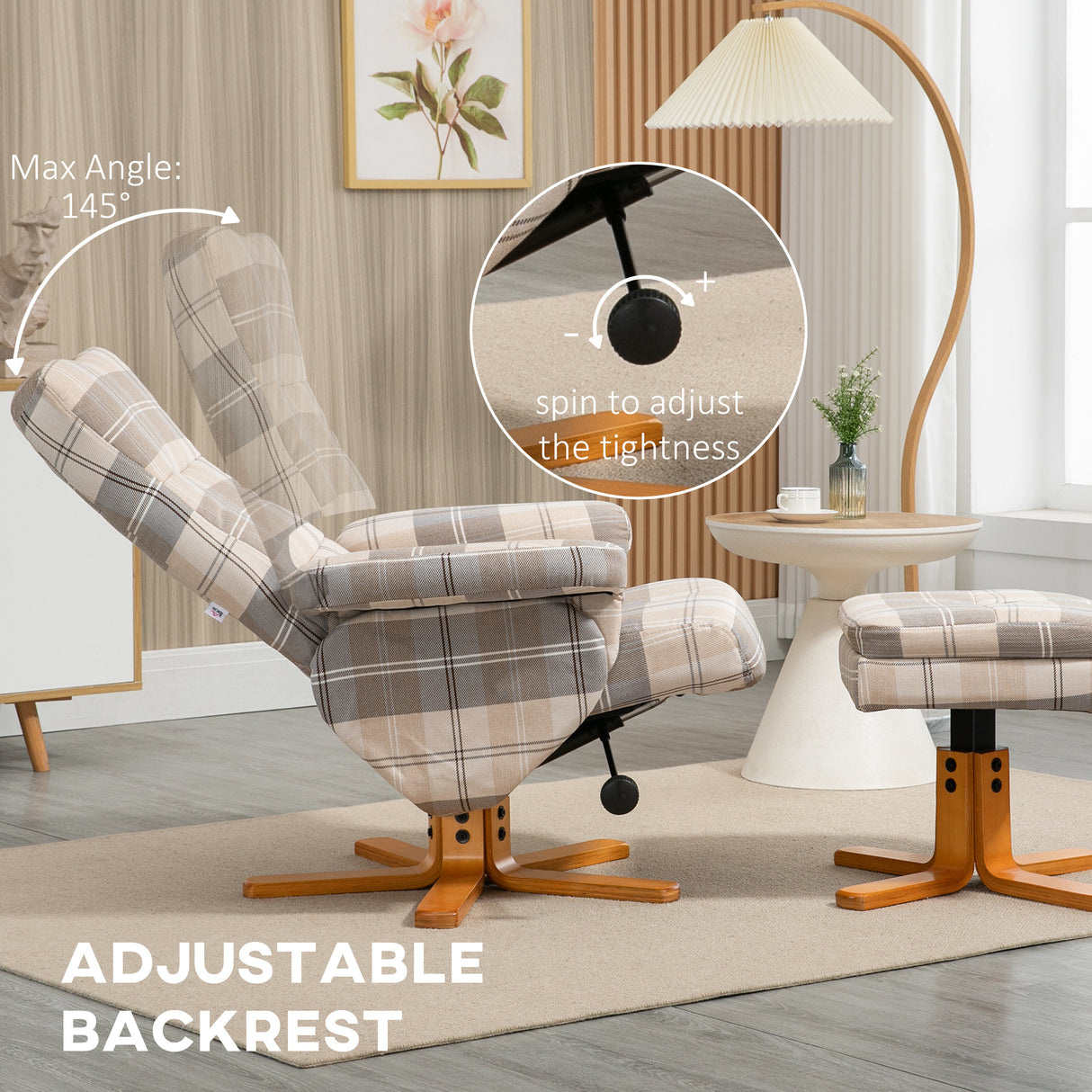 Linen Fabric Recliner Chair 90cm High x 80cm Wide With Footstool And Wooden Base - Velmora
