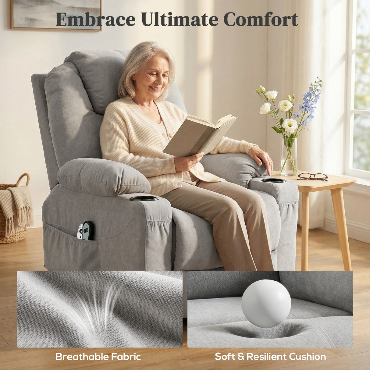 Linen Fabric Recliner Chair 90cm Wide With Footrest - Velmora