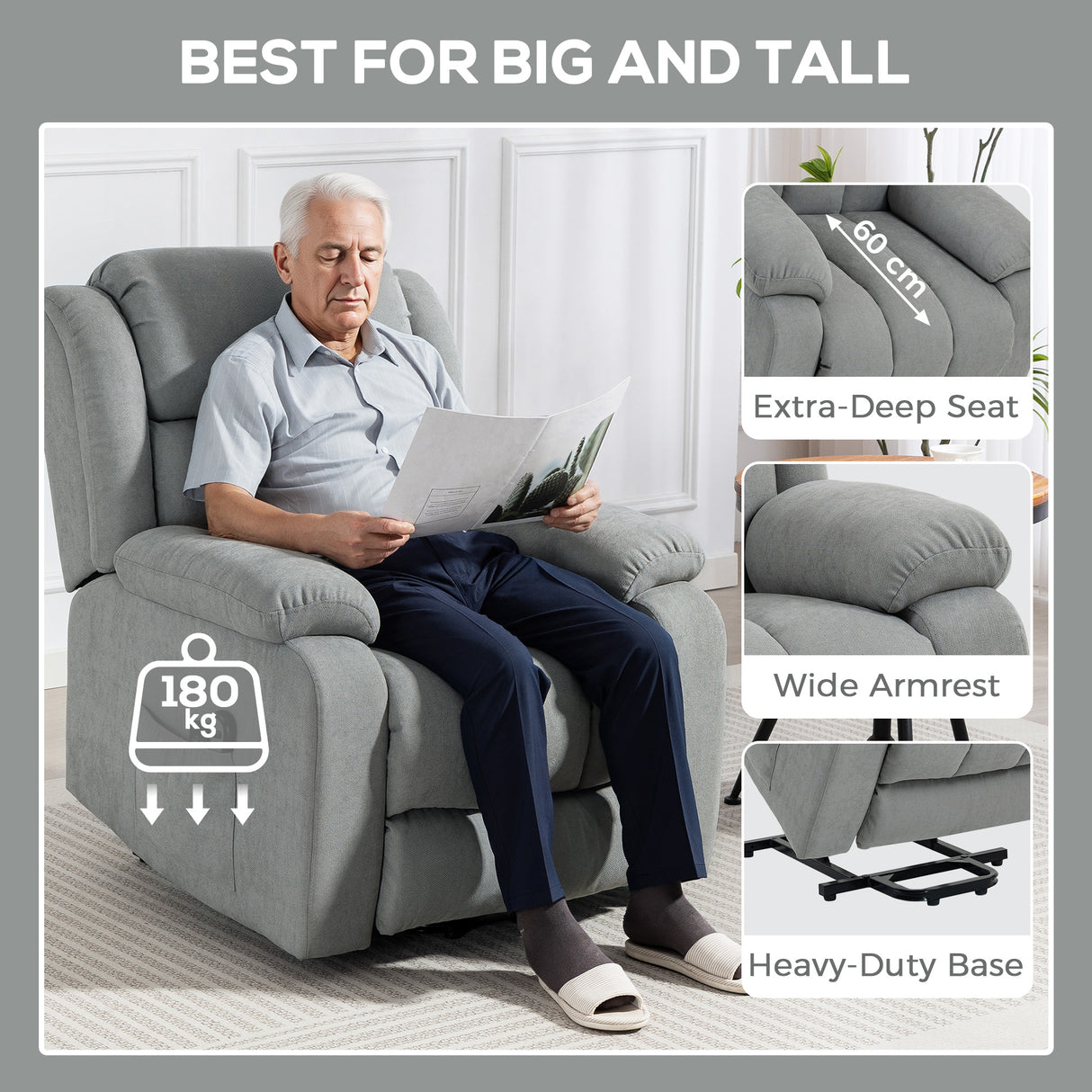 Linen Fabric Recliner Chair 91cm Wide With Footrest - Velmora