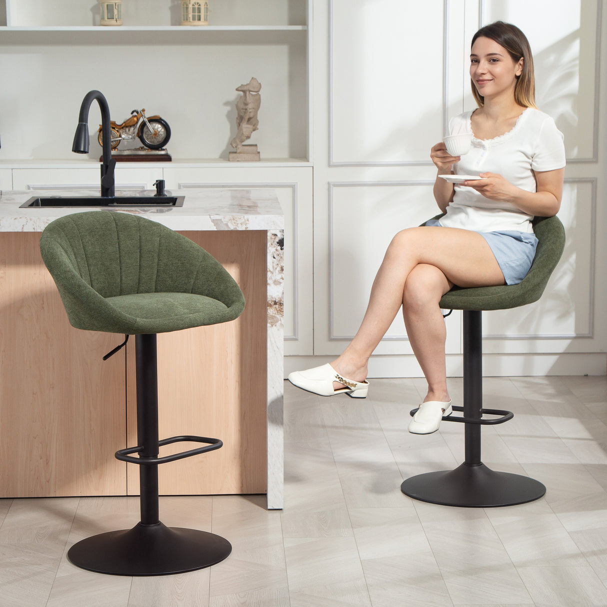 Linen Fabric Relaxed Tub Bar Stools in Set Of 2 - Velmora