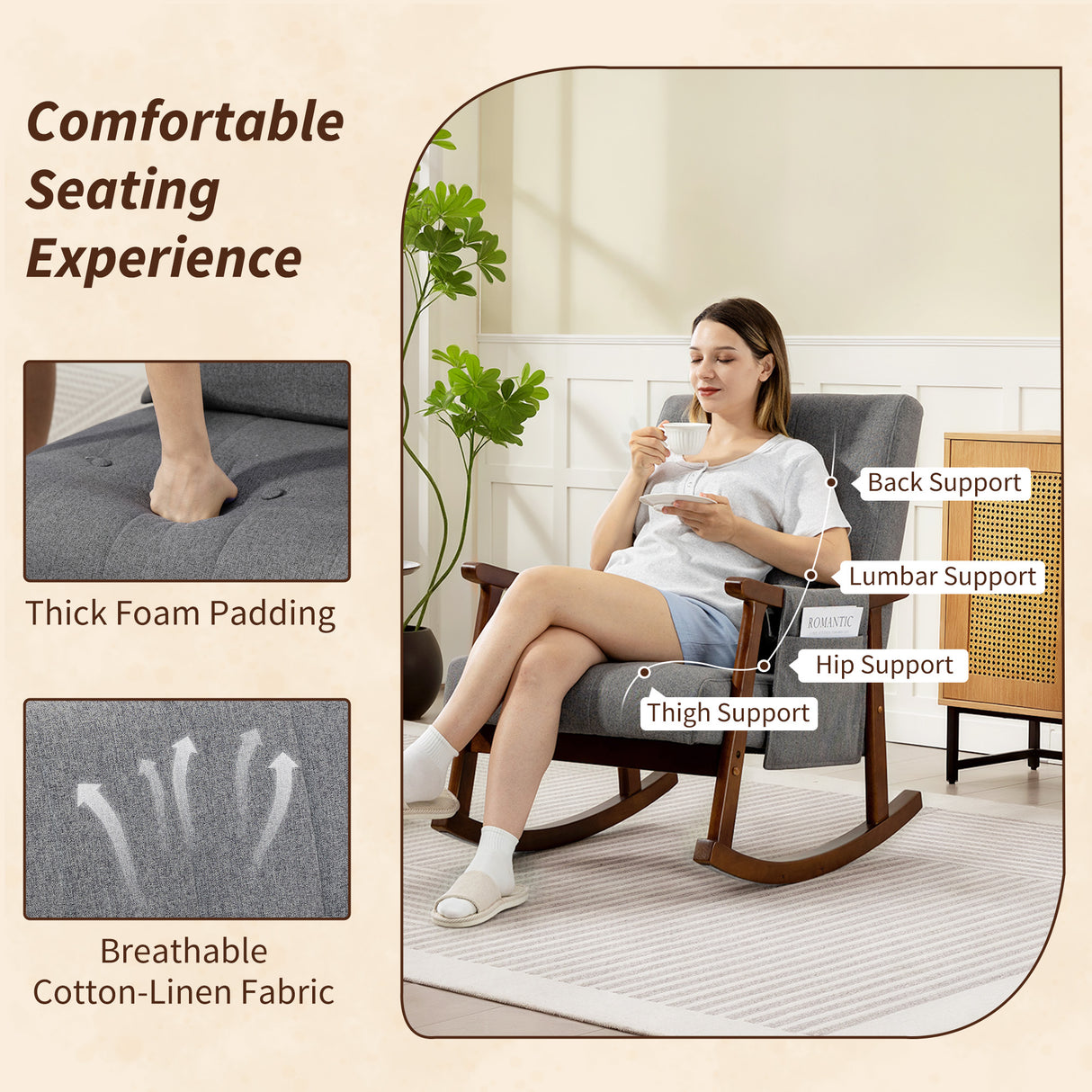 Linen Fabric Rocking Accent Chair 65cm Wide - Velmora