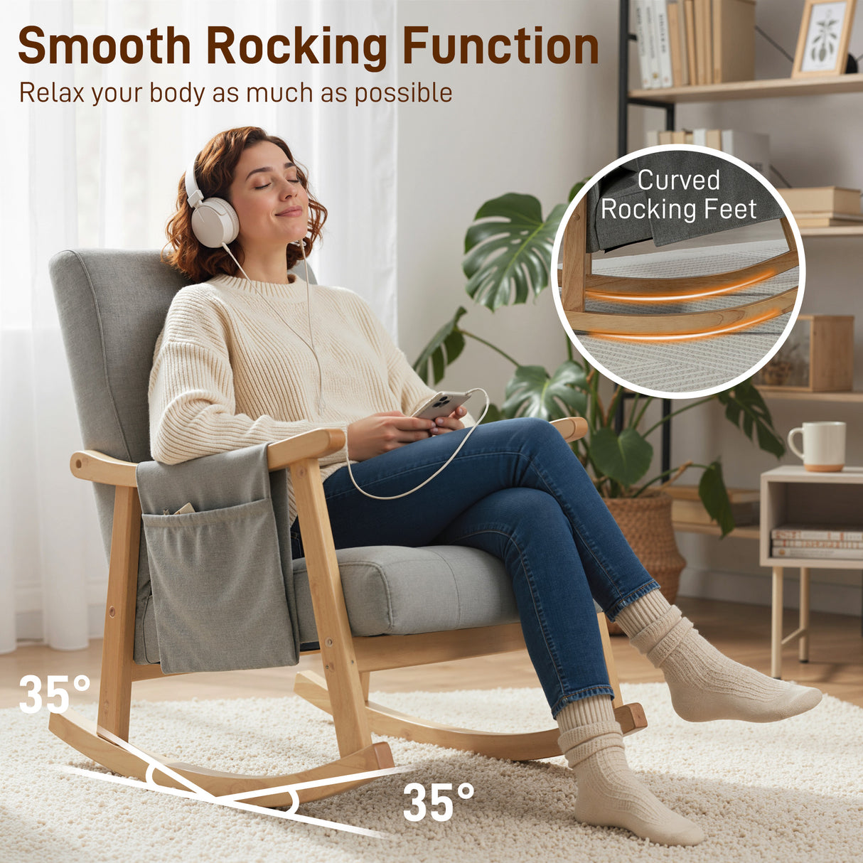 Linen Fabric Rocking Accent Chair 65cm Wide - Velmora