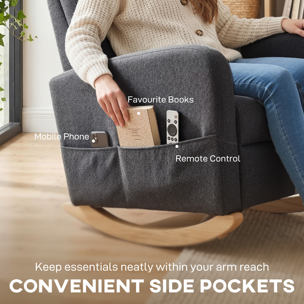 Linen Fabric Rocking Chair 66cm Wide - Velmora