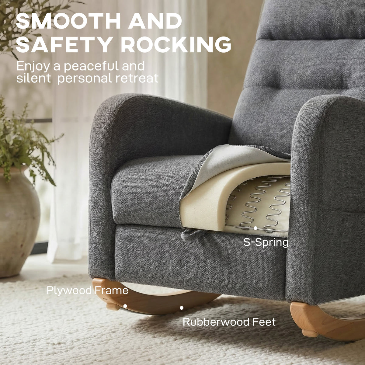 Linen Fabric Rocking Chair 66cm Wide - Velmora