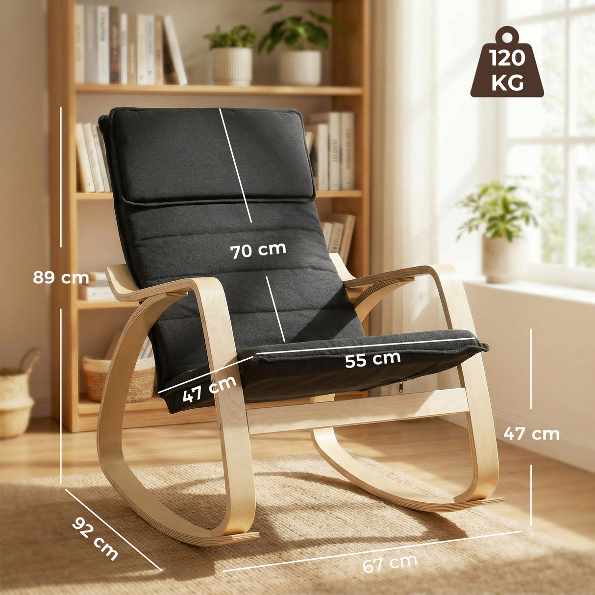 Linen Fabric Rocking Chair 67cm Wide With Wooden Frame - Velmora