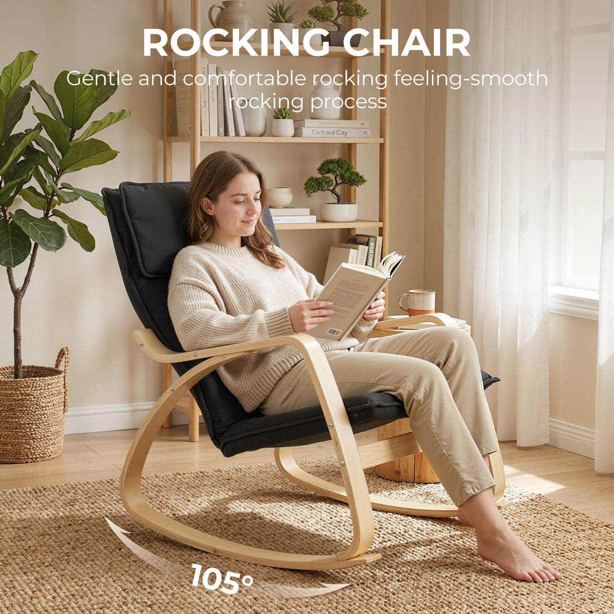 Linen Fabric Rocking Chair 67cm Wide With Wooden Frame - Velmora