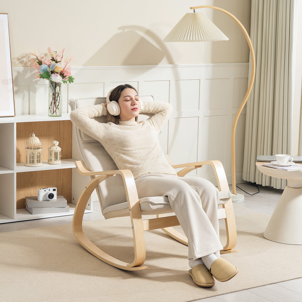 Linen Fabric Rocking Chair 67cm Wide With Wooden Frame - Velmora