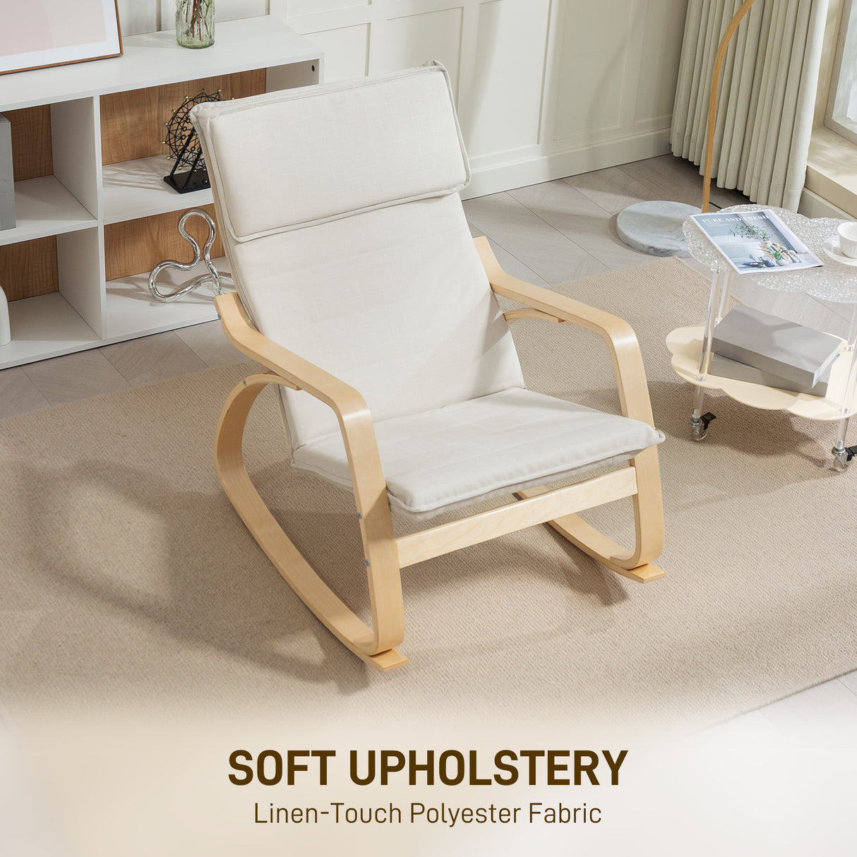 Linen Fabric Rocking Chair 67cm Wide With Wooden Frame - Velmora