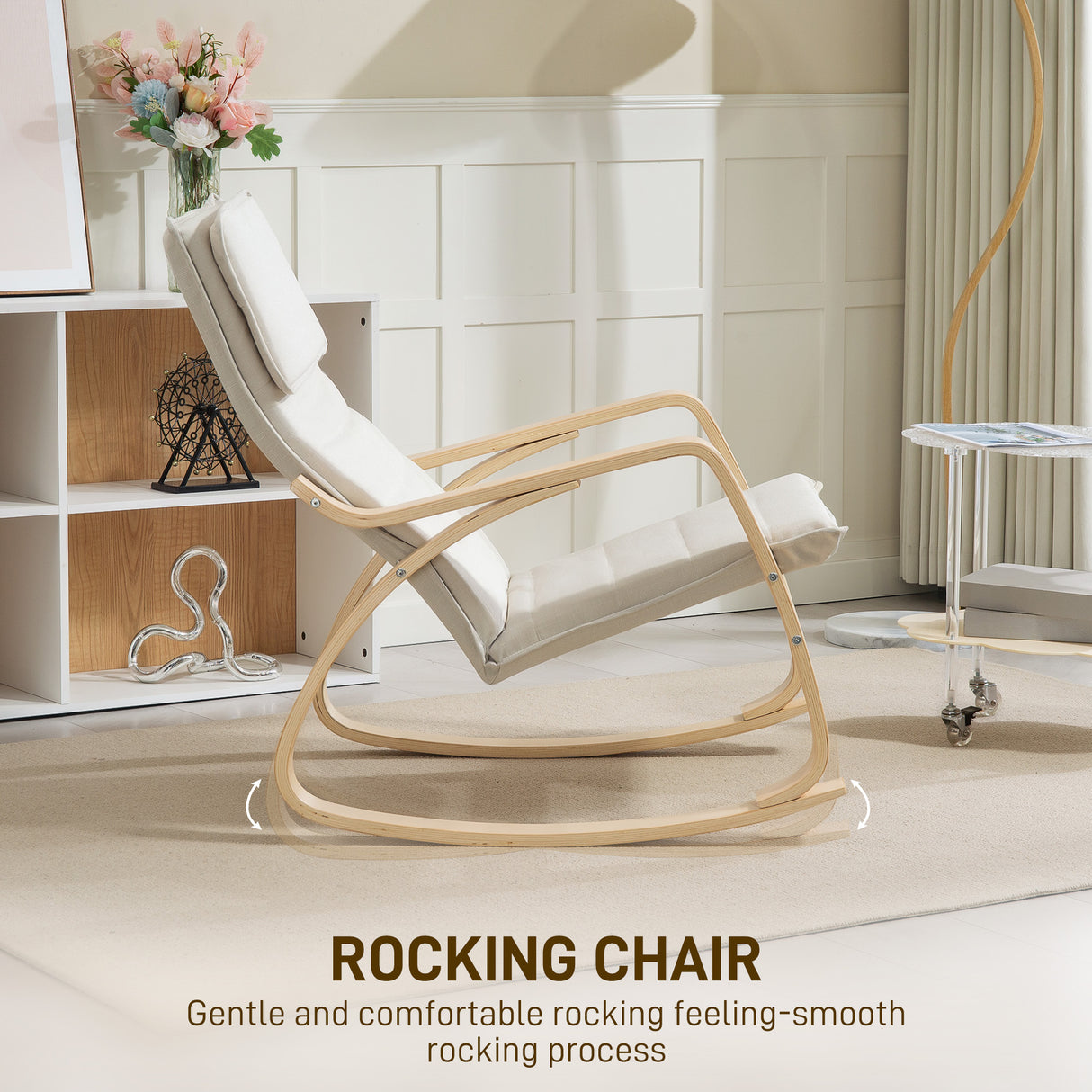 Linen Fabric Rocking Chair 67cm Wide With Wooden Frame - Velmora