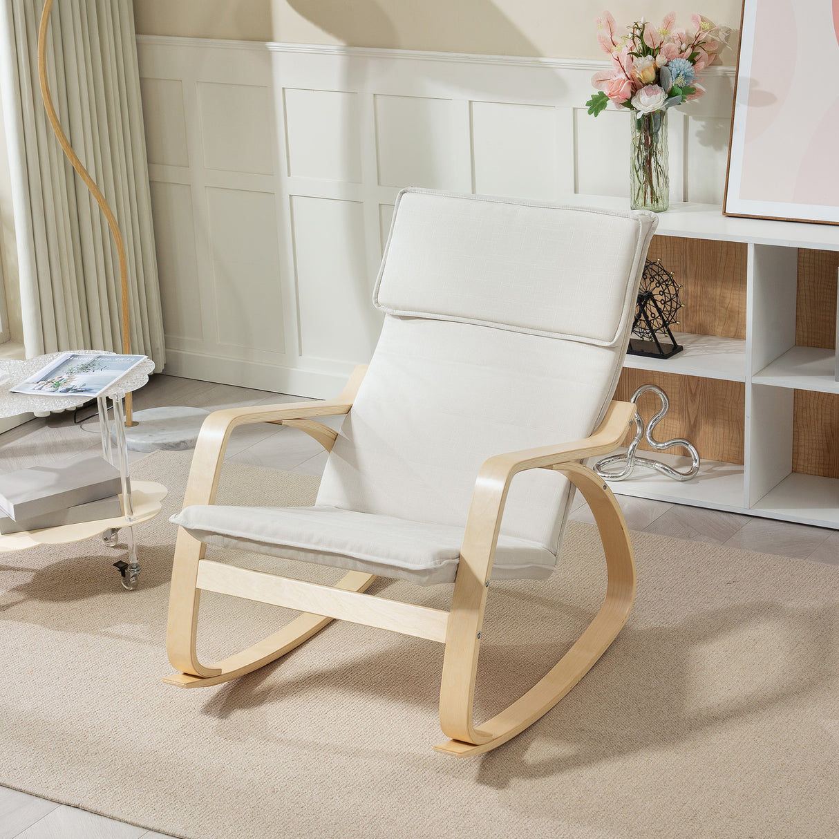 Linen Fabric Rocking Chair 67cm Wide With Wooden Frame - Velmora