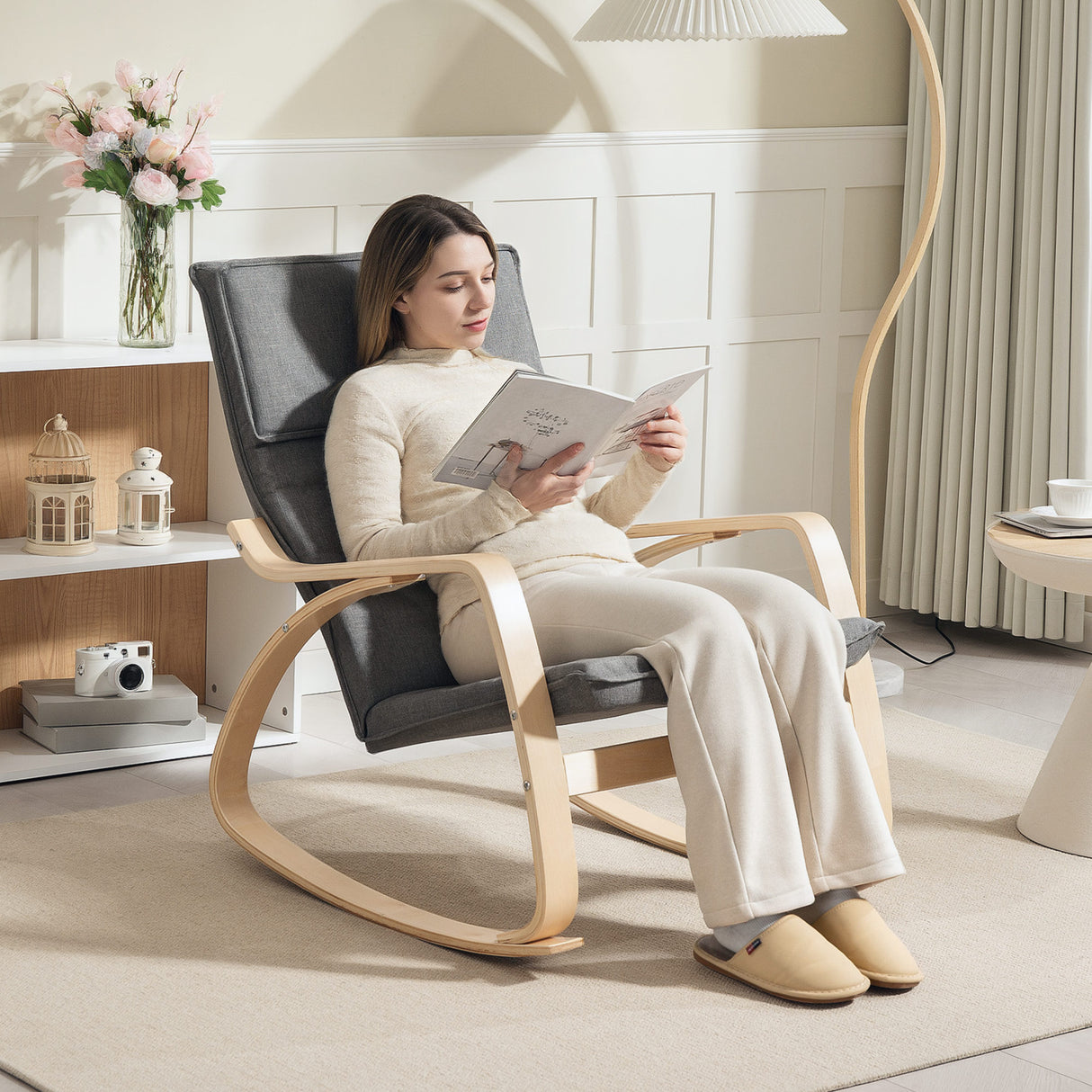 Linen Fabric Rocking Chair 67cm Wide With Wooden Frame - Velmora
