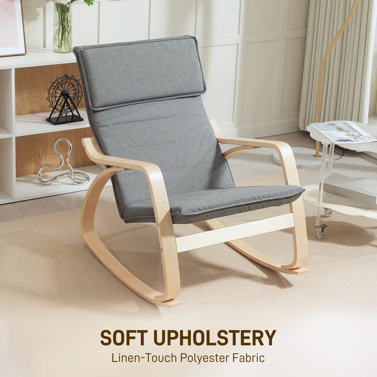 Linen Fabric Rocking Chair 67cm Wide With Wooden Frame - Velmora