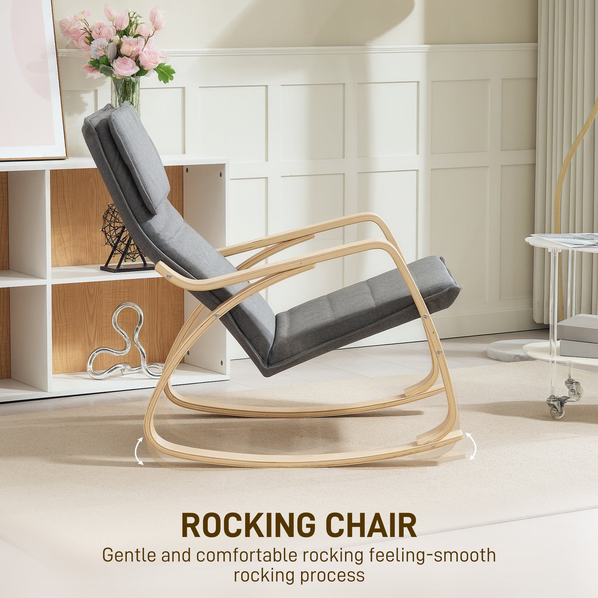 Linen Fabric Rocking Chair 67cm Wide With Wooden Frame - Velmora