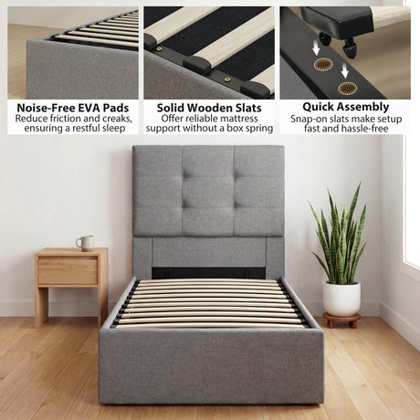 Linen Fabric Single Ottoman Storage Bed 91cm Wide - Velmora