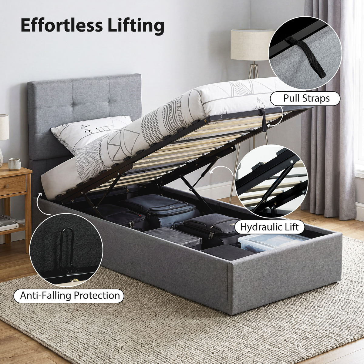 Linen Fabric Single Ottoman Storage Bed 91cm Wide - Velmora