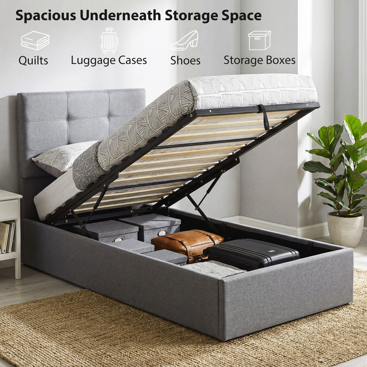 Linen Fabric Single Ottoman Storage Bed 91cm Wide - Velmora