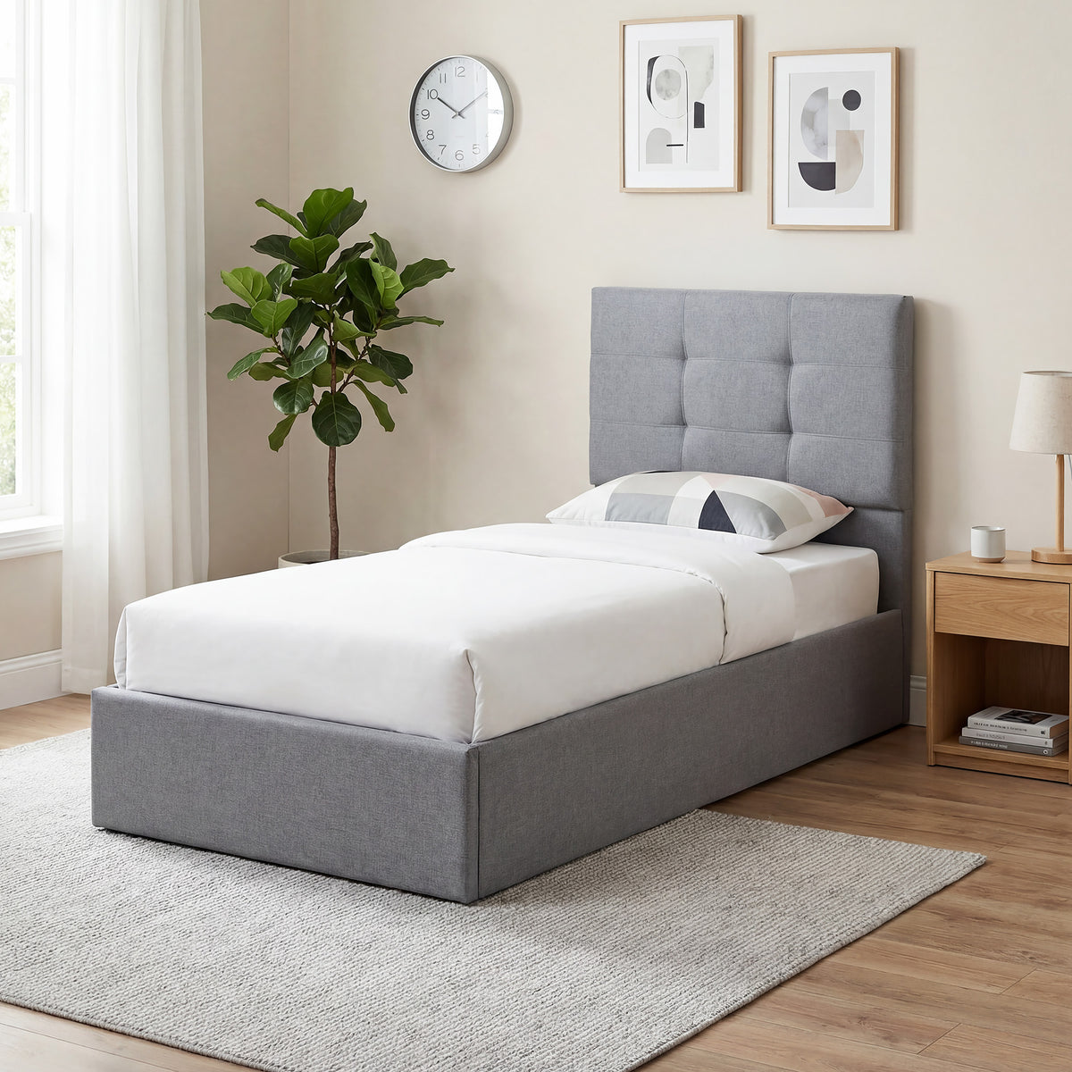 Linen Fabric Single Ottoman Storage Bed 91cm Wide - Velmora