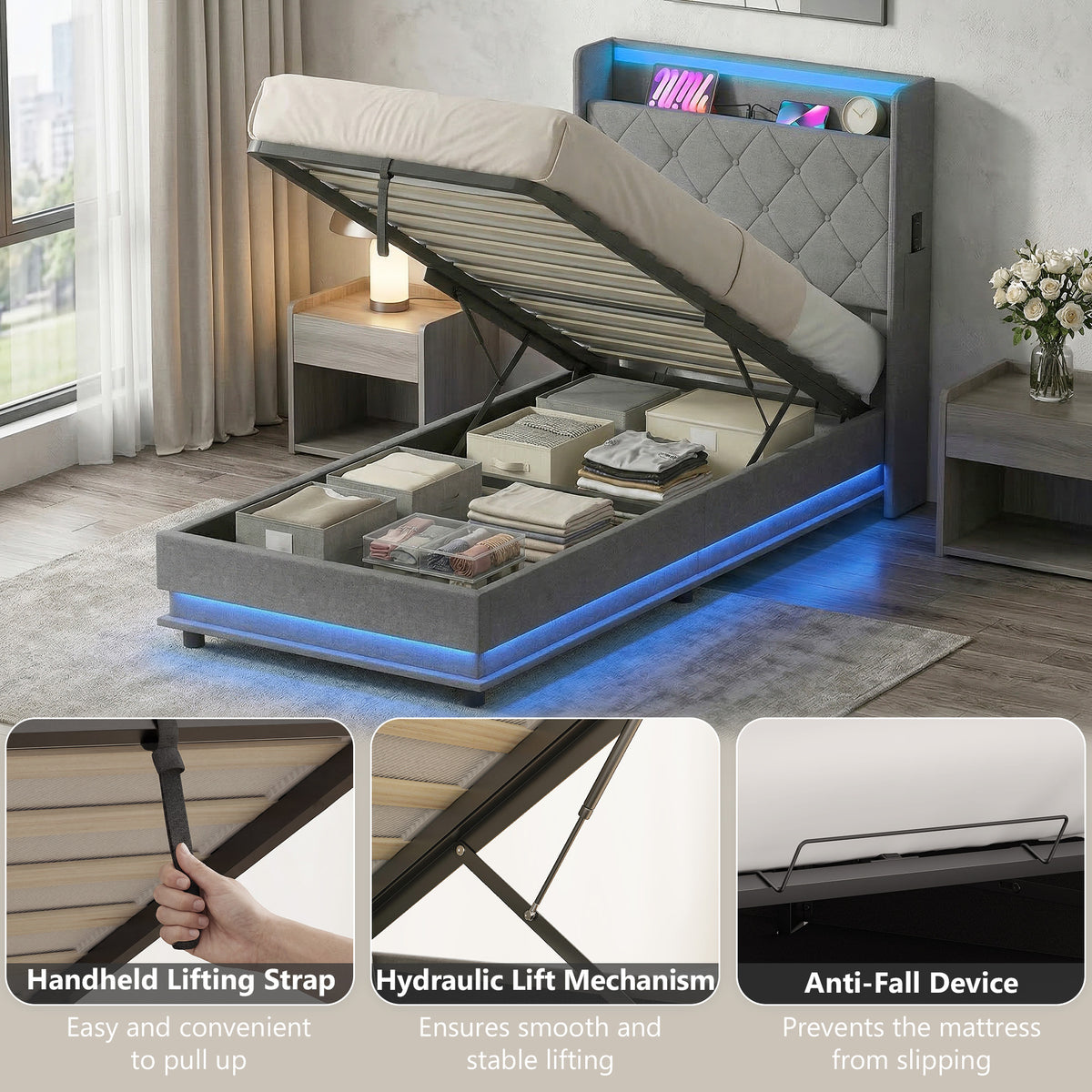 Linen Fabric Single Ottoman Storage Bed 98cm Wide With LED Lights - Velmora