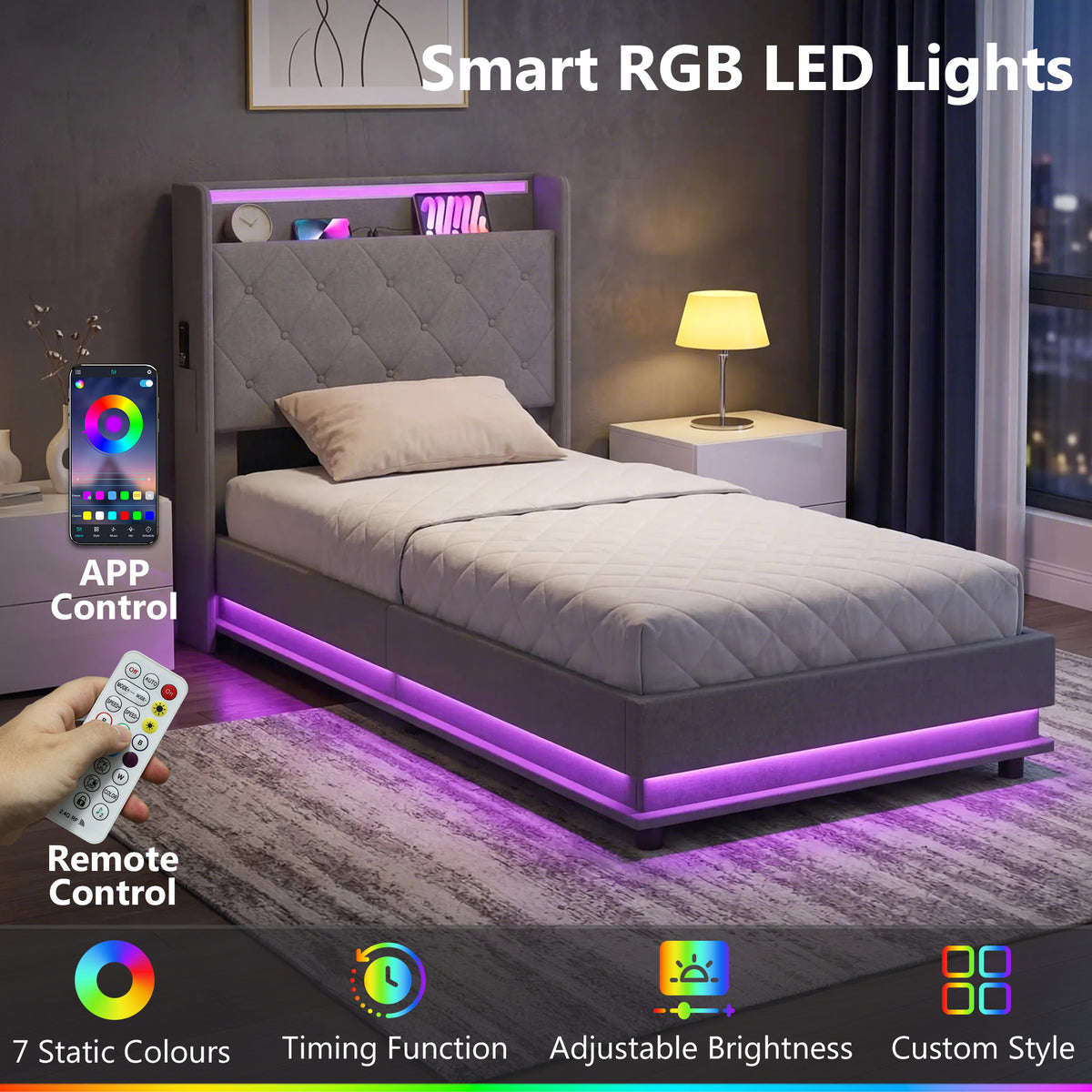 Linen Fabric Single Ottoman Storage Bed 98cm Wide With LED Lights - Velmora