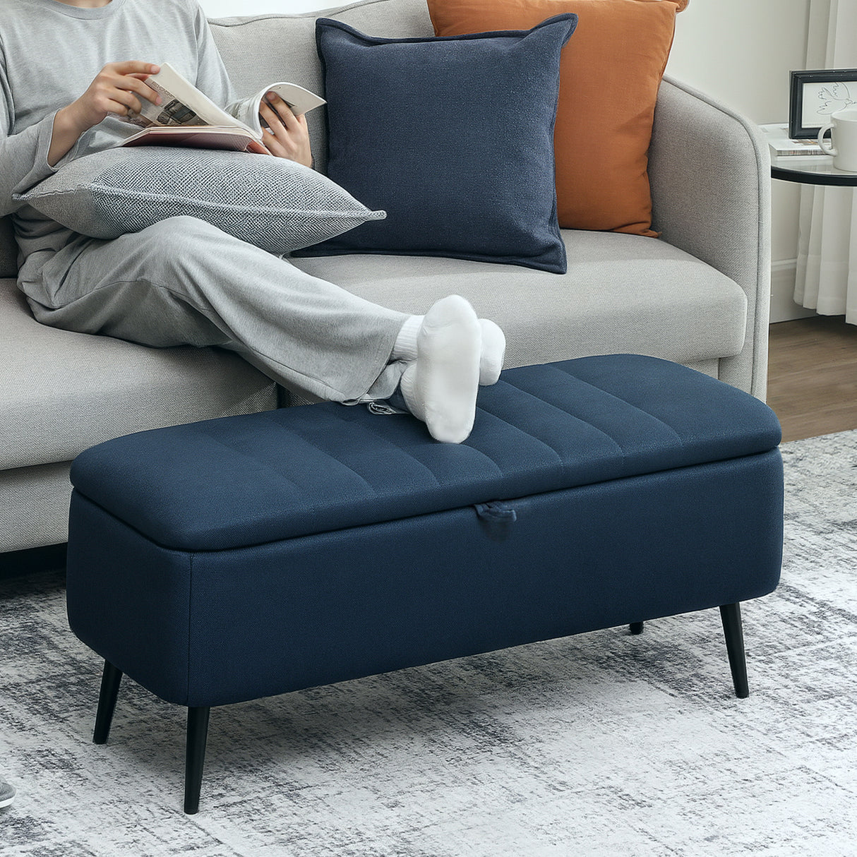 Linen Fabric Storage Ottoman 102cm Wide - Velmora