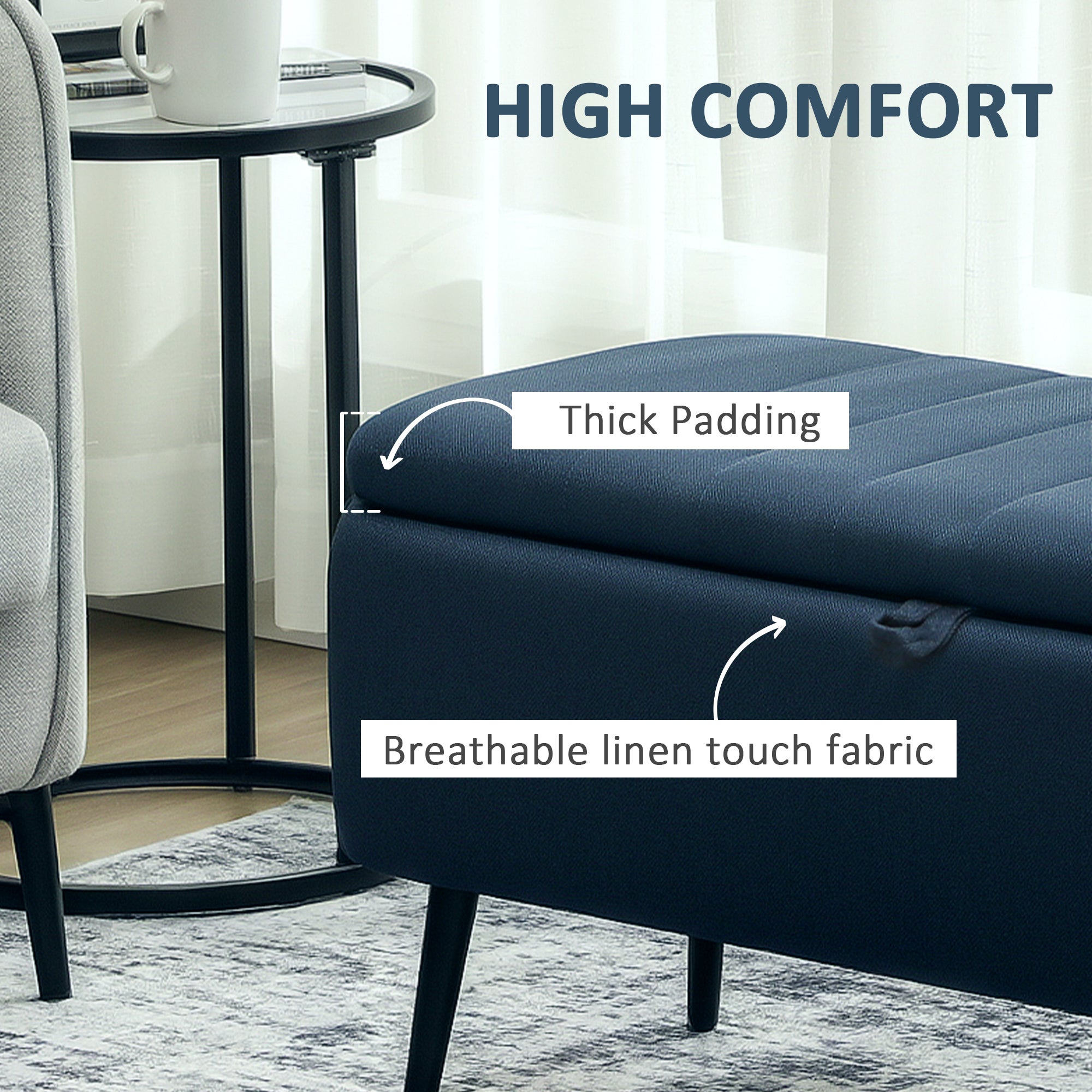 Linen Fabric Storage Ottoman 102cm Wide - Velmora
