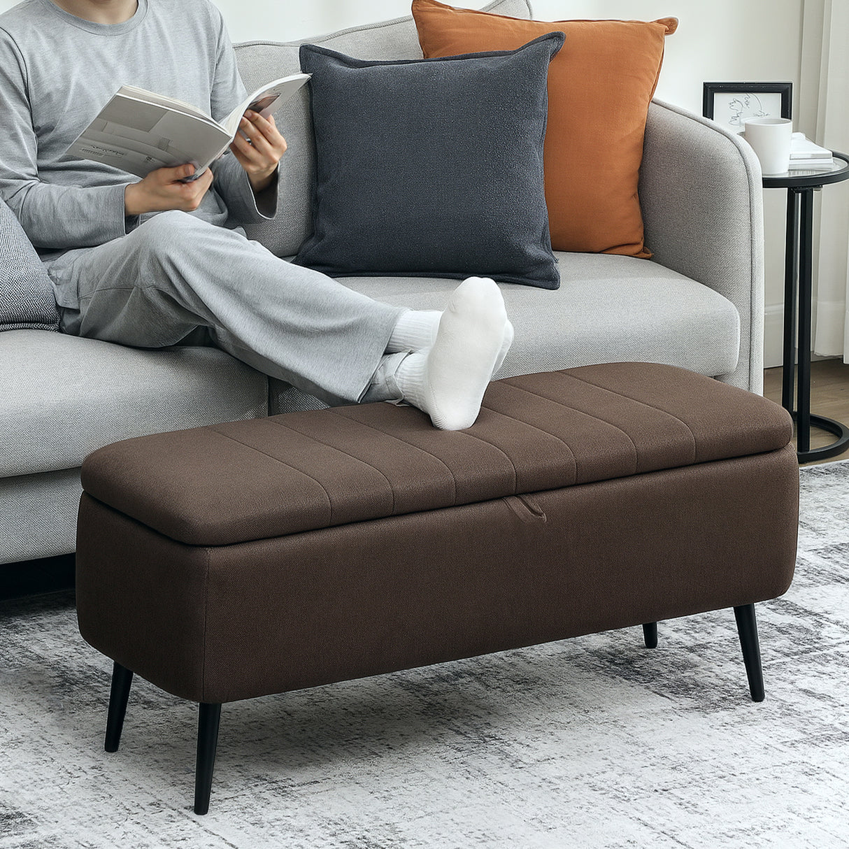 Linen Fabric Storage Ottoman 102cm Wide - Velmora