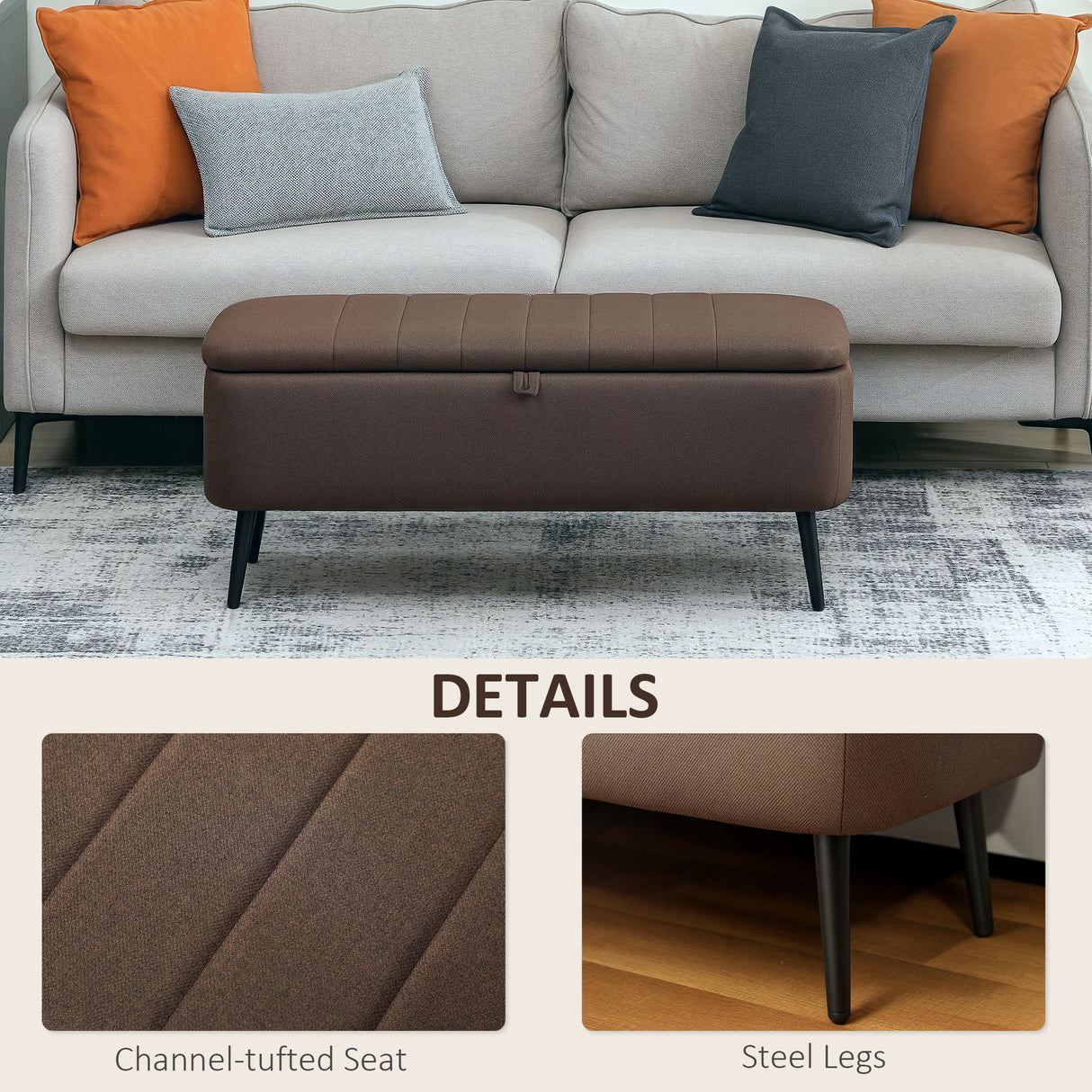 Linen Fabric Storage Ottoman 102cm Wide - Velmora