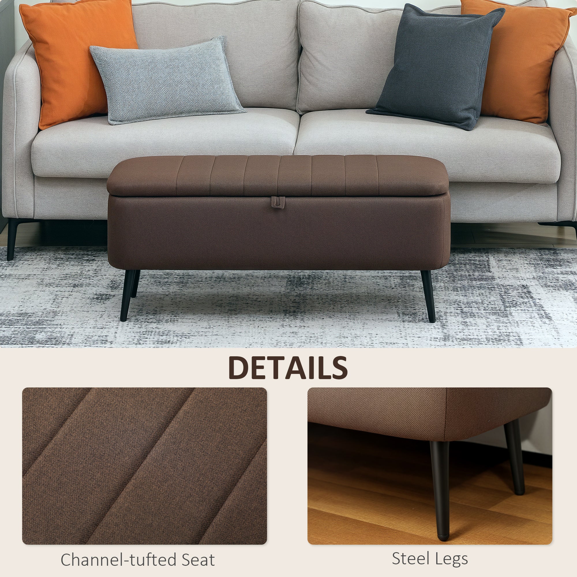 Linen Fabric Storage Ottoman 102cm Wide - Velmora
