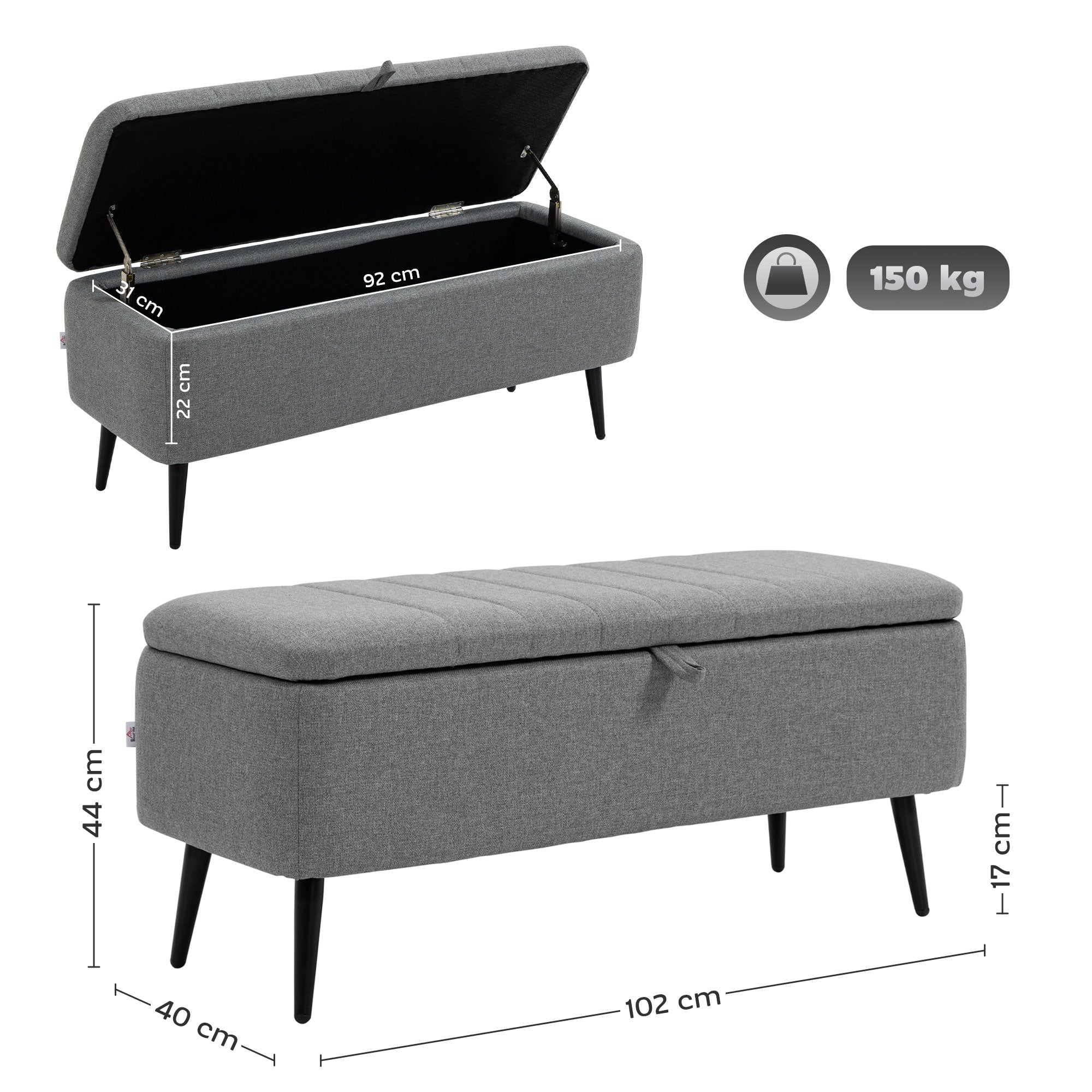 Linen Fabric Storage Ottoman 102cm Wide - Velmora