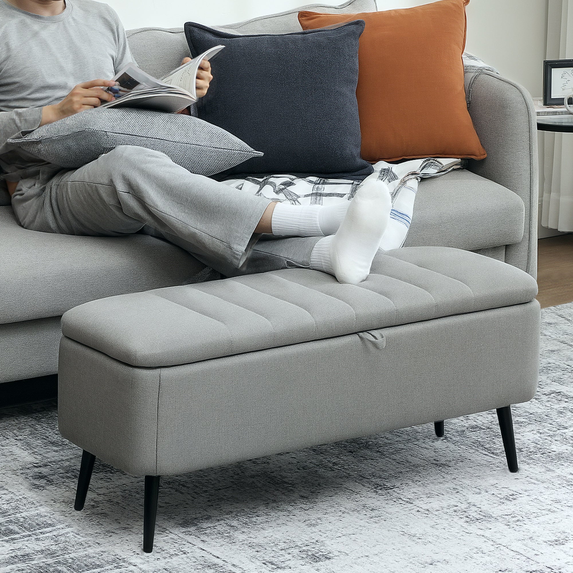 Linen Fabric Storage Ottoman 102cm Wide - Velmora