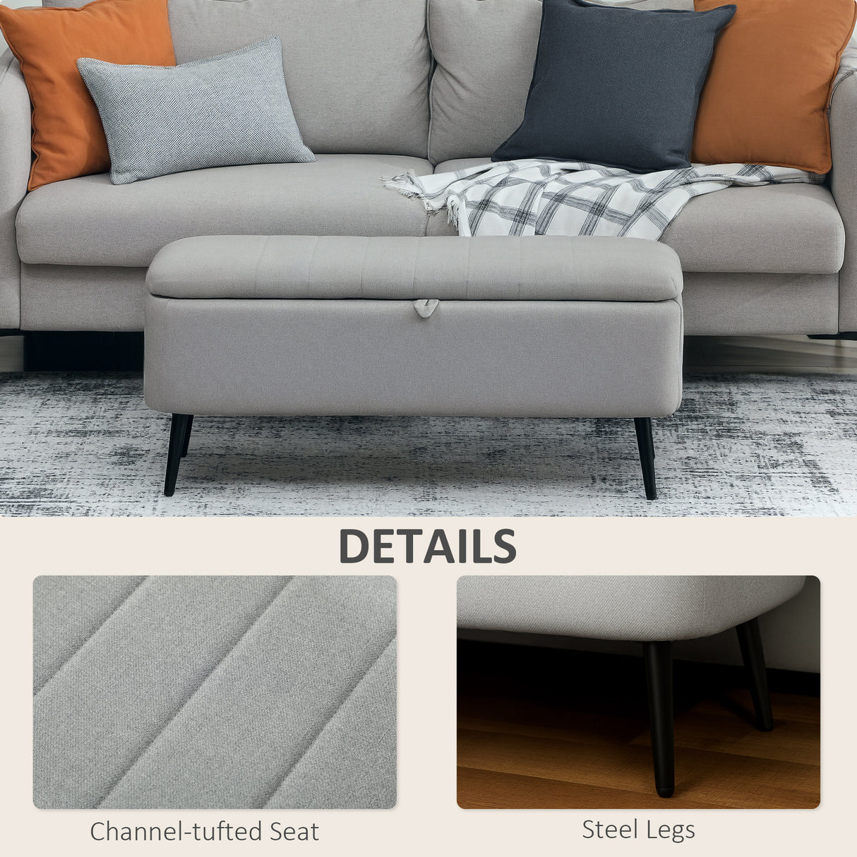 Linen Fabric Storage Ottoman 102cm Wide - Velmora