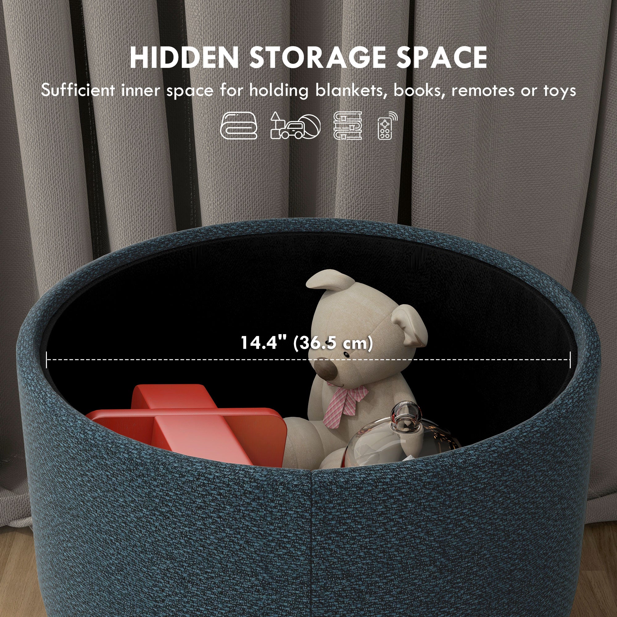 Linen Fabric Storage Ottoman 39cm Wide Round - Velmora