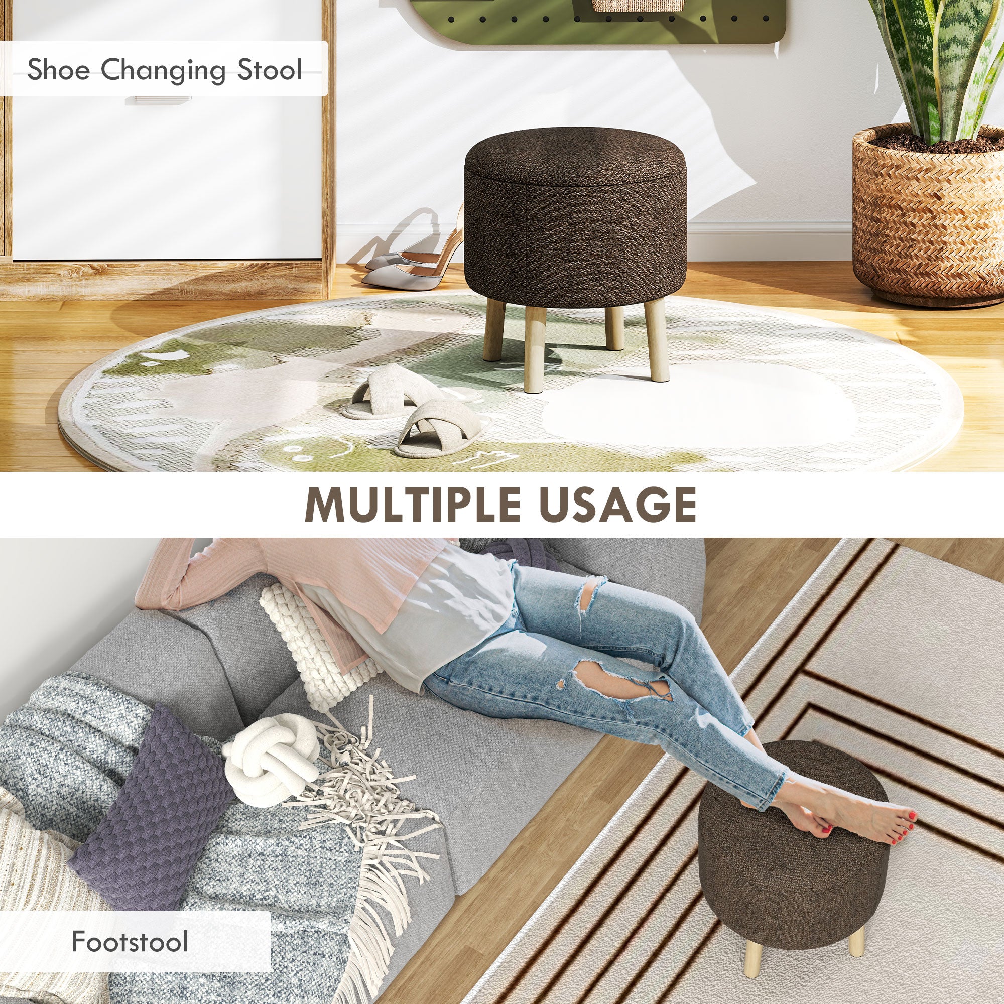 Linen Fabric Storage Ottoman 39cm Wide Round - Velmora