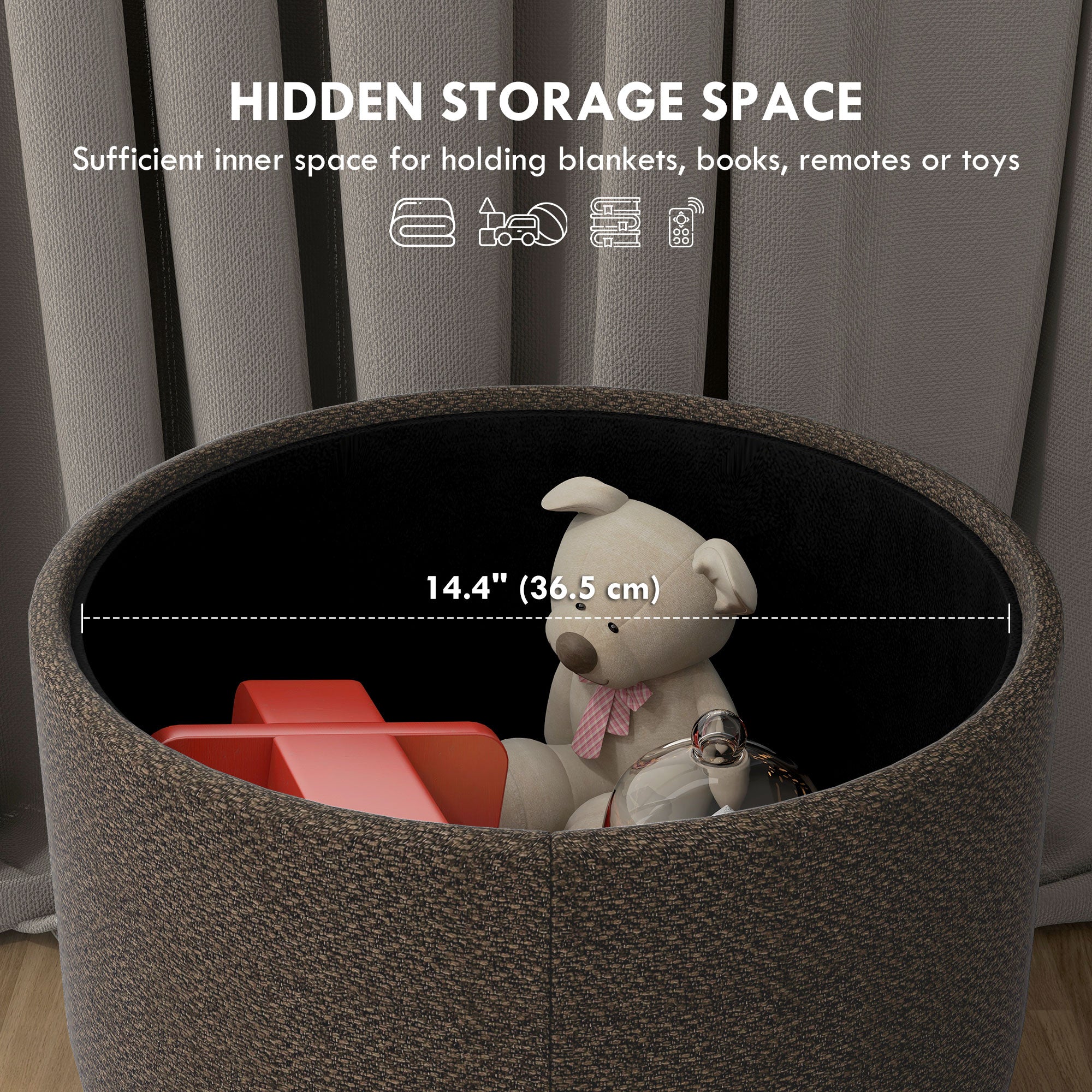 Linen Fabric Storage Ottoman 39cm Wide Round - Velmora