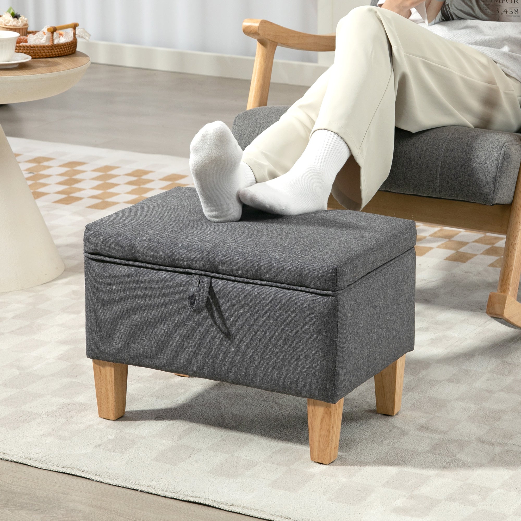 Linen Fabric Storage Ottoman 49cm Wide With Rubberwood Legs - Velmora