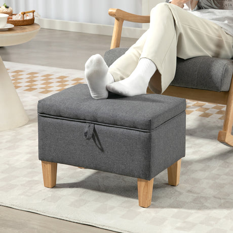 Linen Fabric Storage Ottoman 49cm Wide With Rubberwood Legs - Velmora