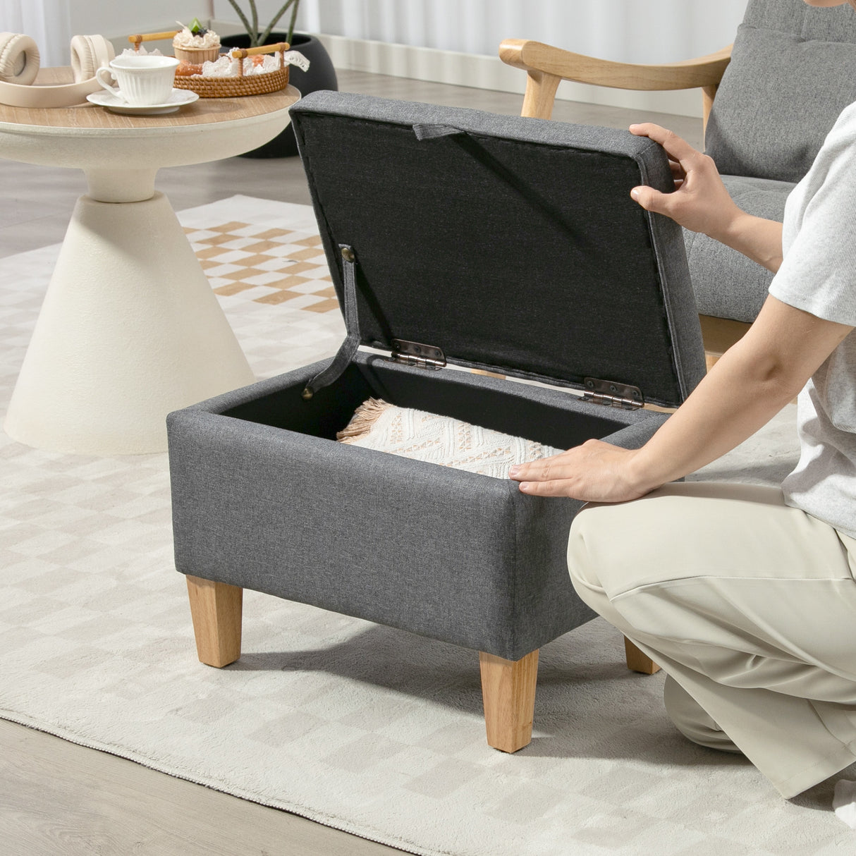 Linen Fabric Storage Ottoman 49cm Wide With Rubberwood Legs - Velmora