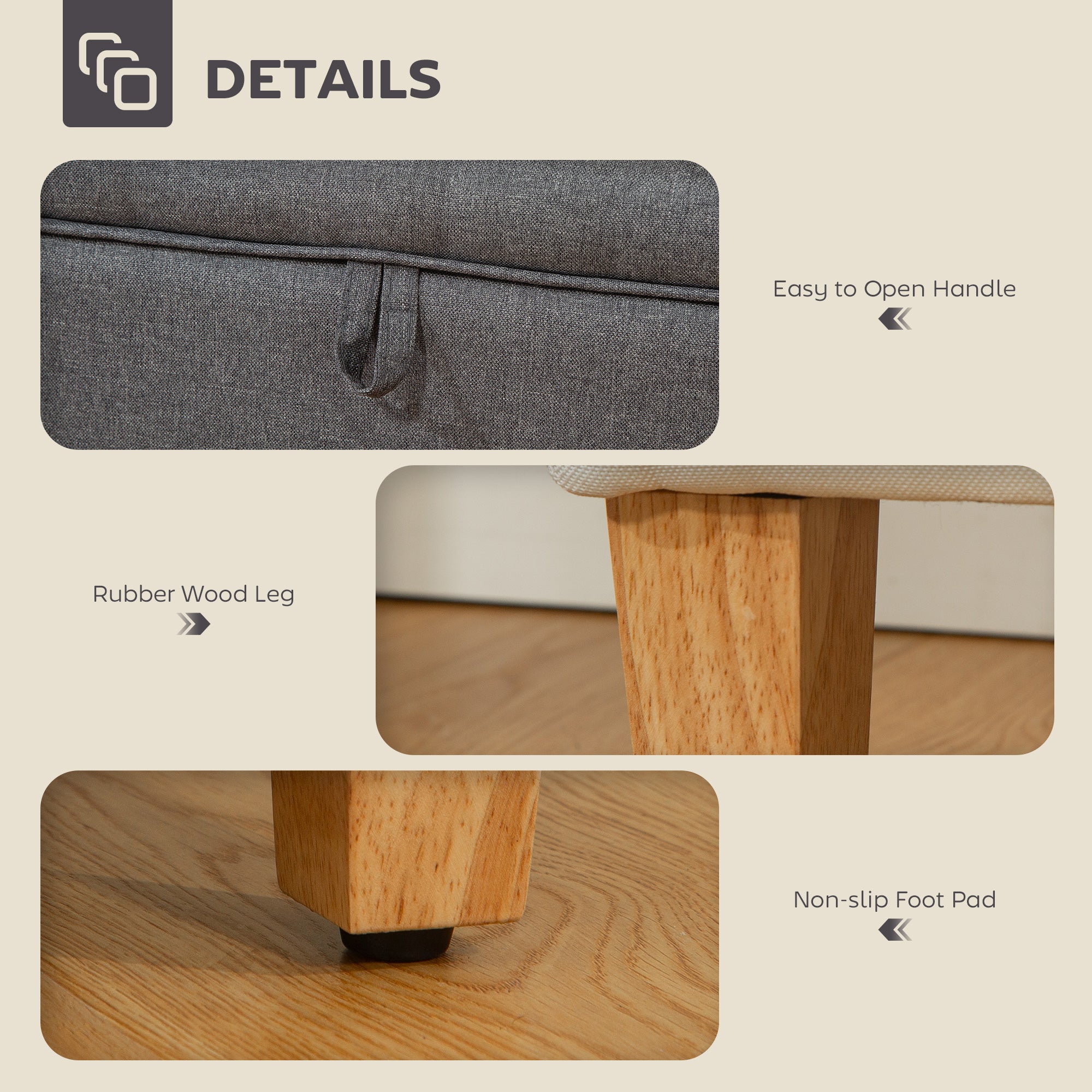 Linen Fabric Storage Ottoman 49cm Wide With Rubberwood Legs - Velmora