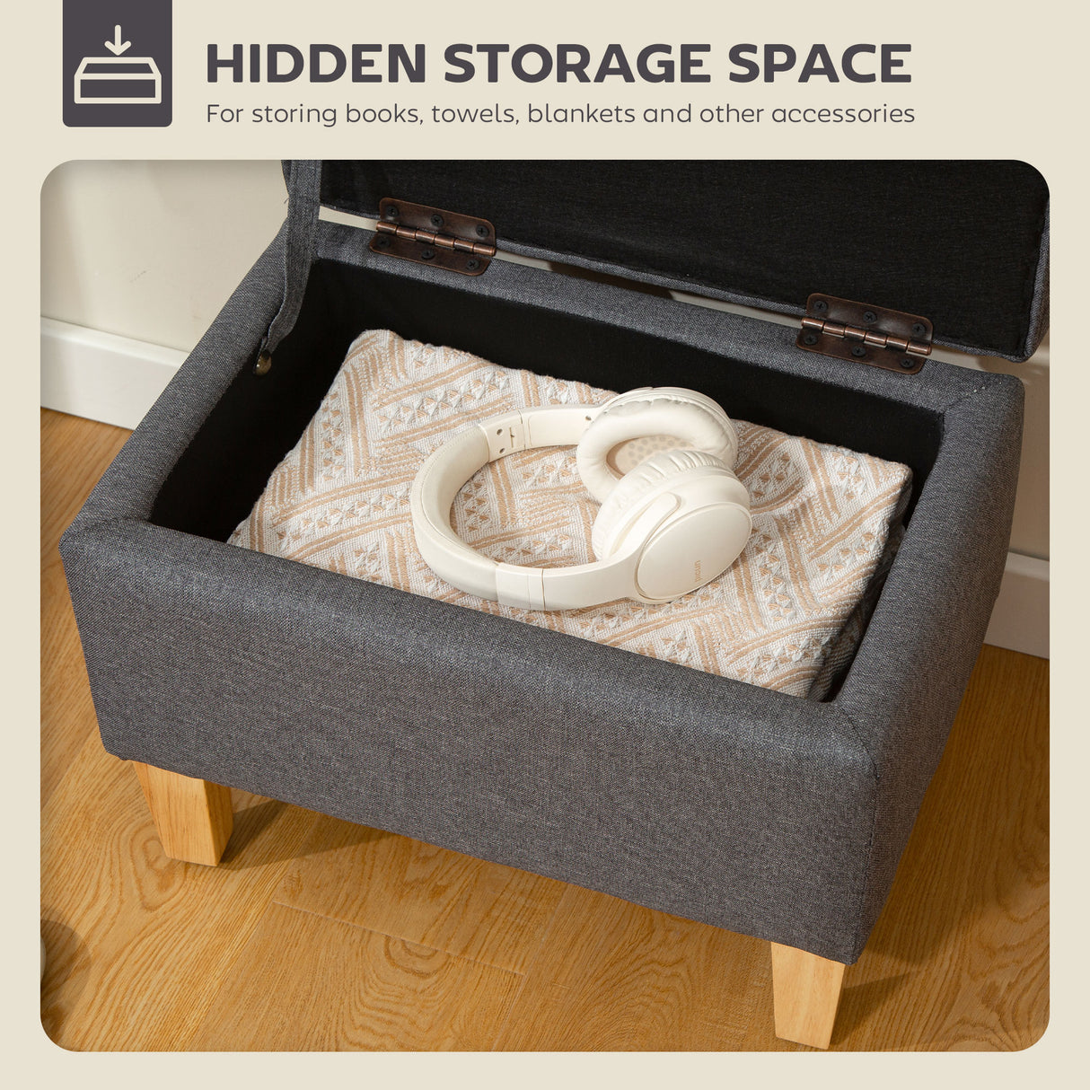 Linen Fabric Storage Ottoman 49cm Wide With Rubberwood Legs - Velmora