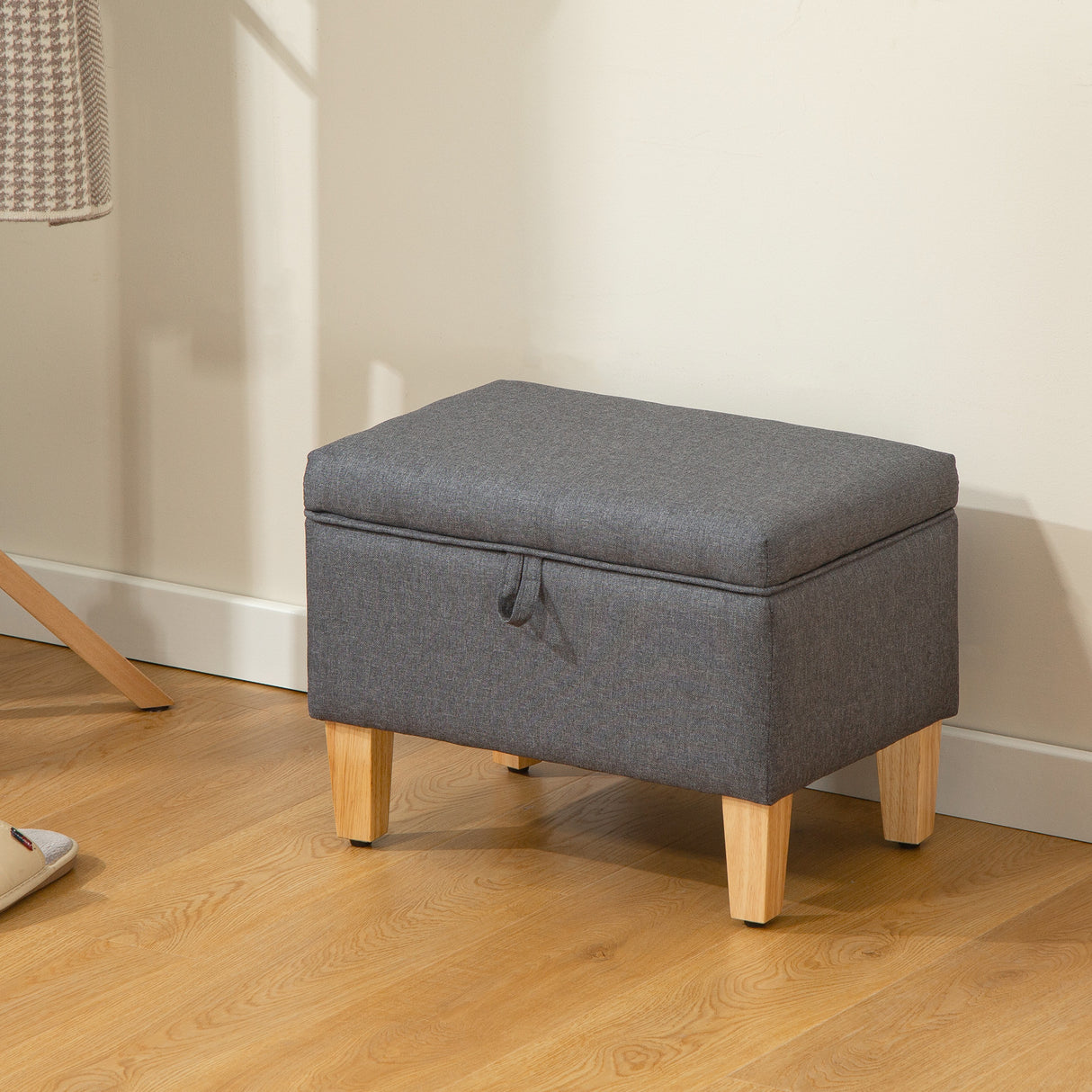 Linen Fabric Storage Ottoman 49cm Wide With Rubberwood Legs - Velmora