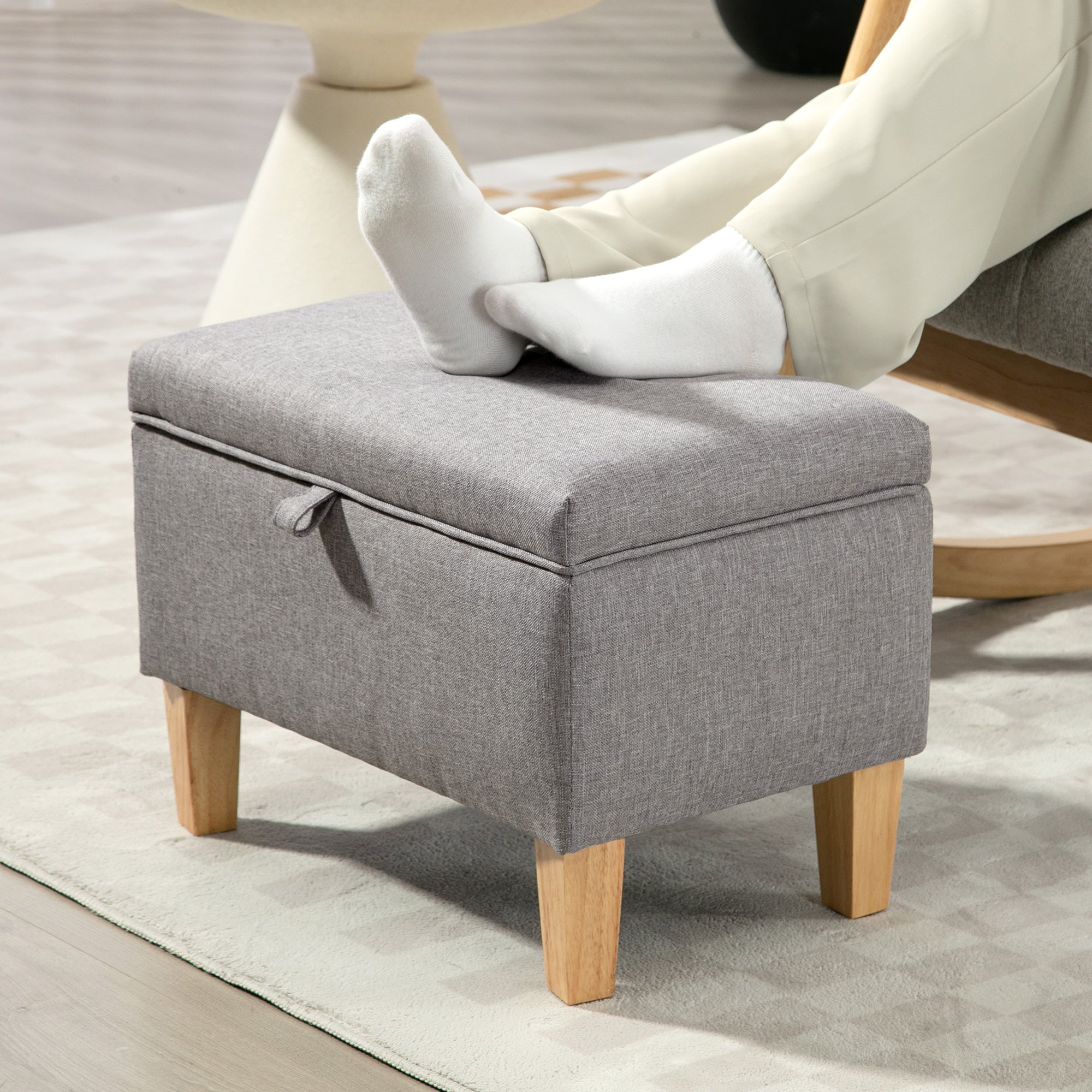 Linen Fabric Storage Ottoman 49cm Wide With Rubberwood Legs - Velmora