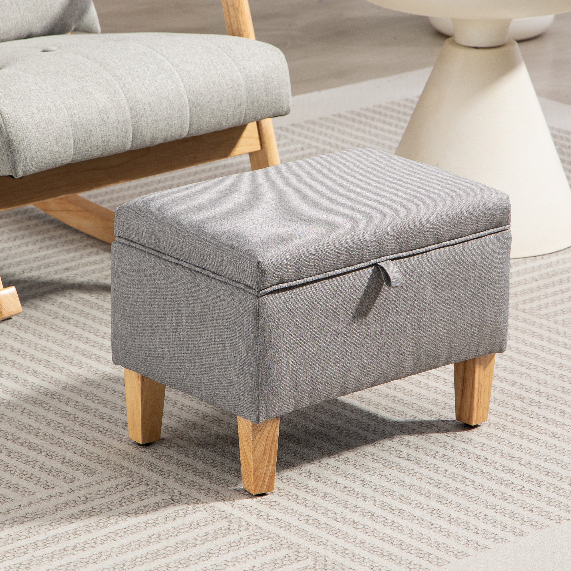 Linen Fabric Storage Ottoman 49cm Wide With Rubberwood Legs - Velmora