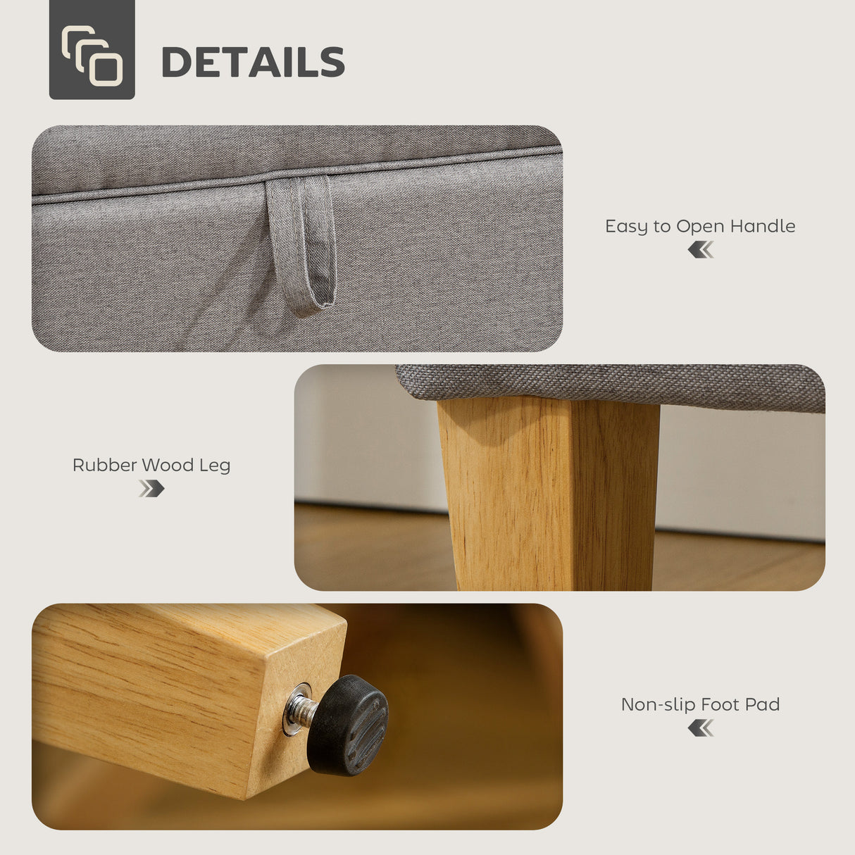 Linen Fabric Storage Ottoman 49cm Wide With Rubberwood Legs - Velmora