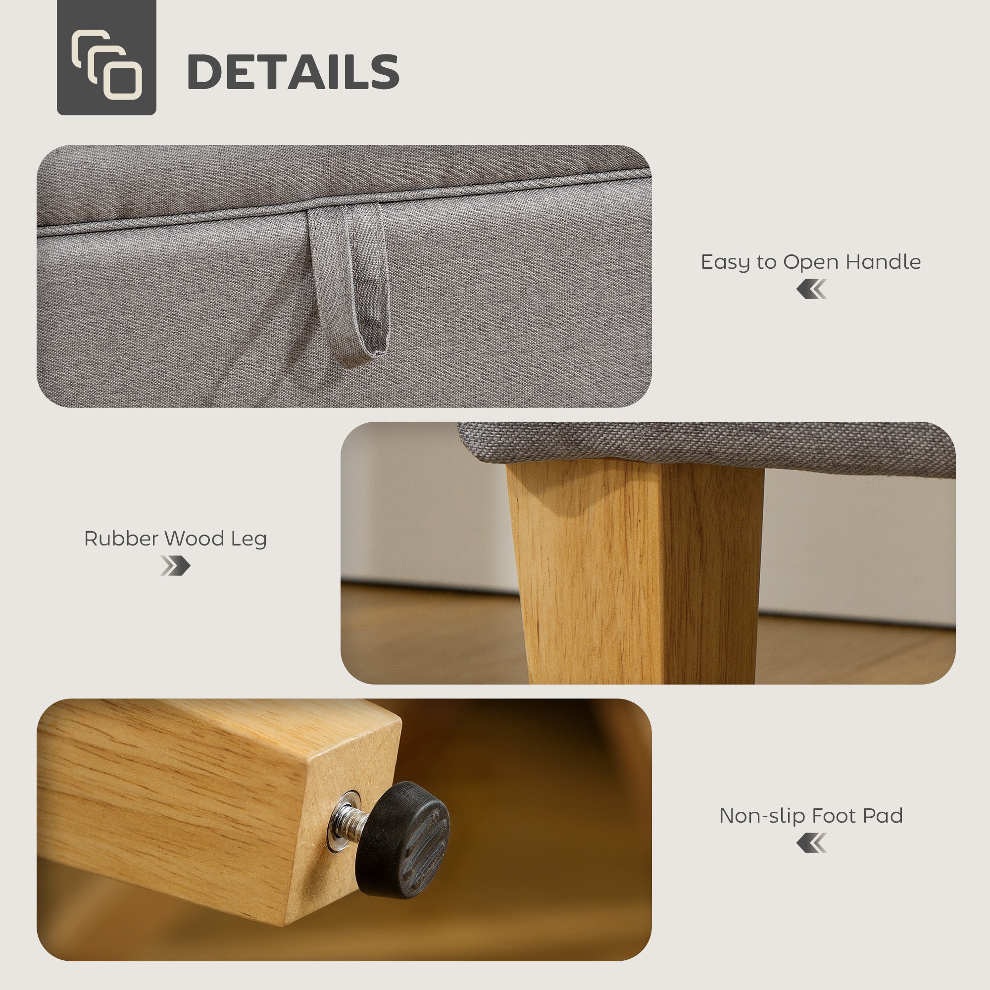 Linen Fabric Storage Ottoman 49cm Wide With Rubberwood Legs - Velmora