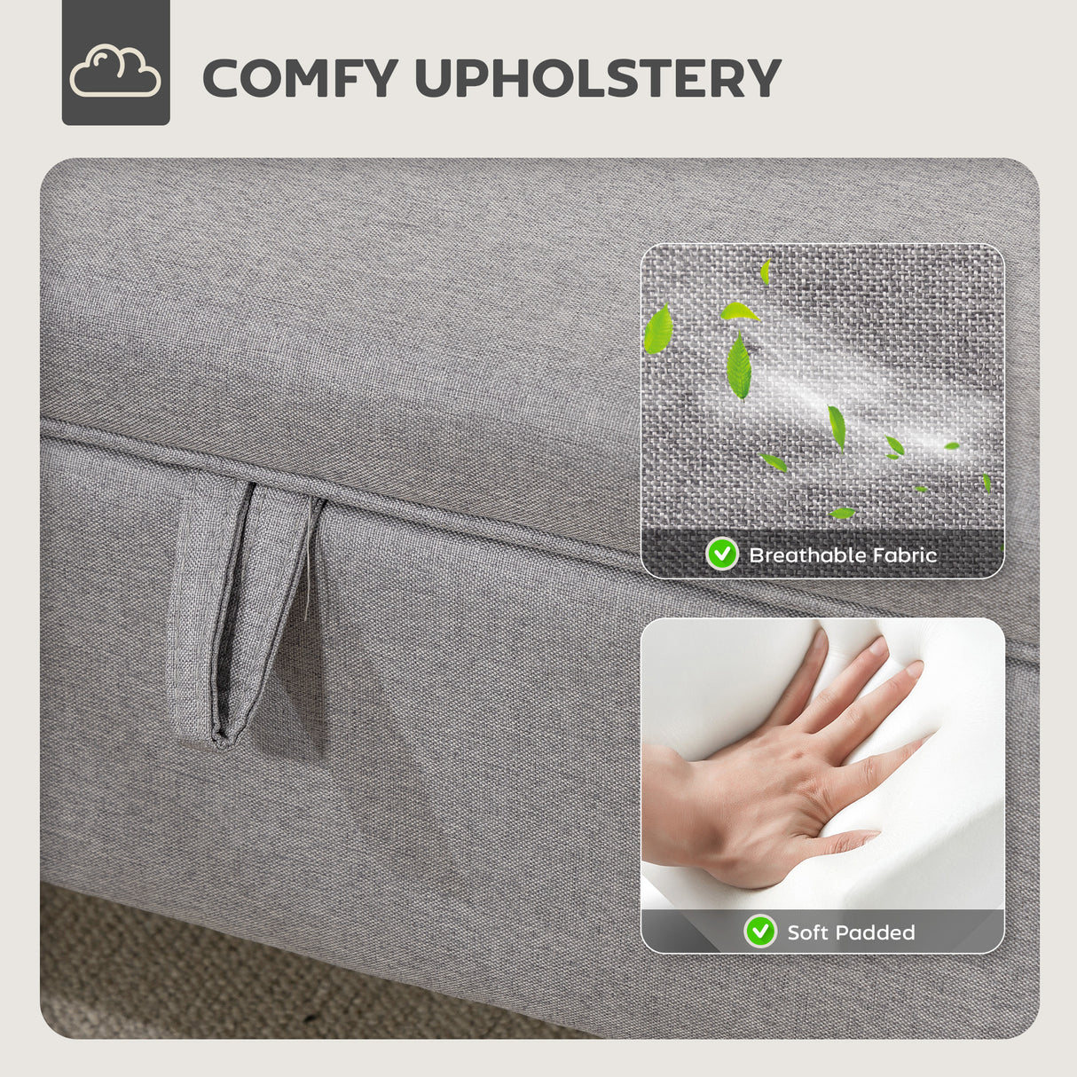 Linen Fabric Storage Ottoman 49cm Wide With Rubberwood Legs - Velmora