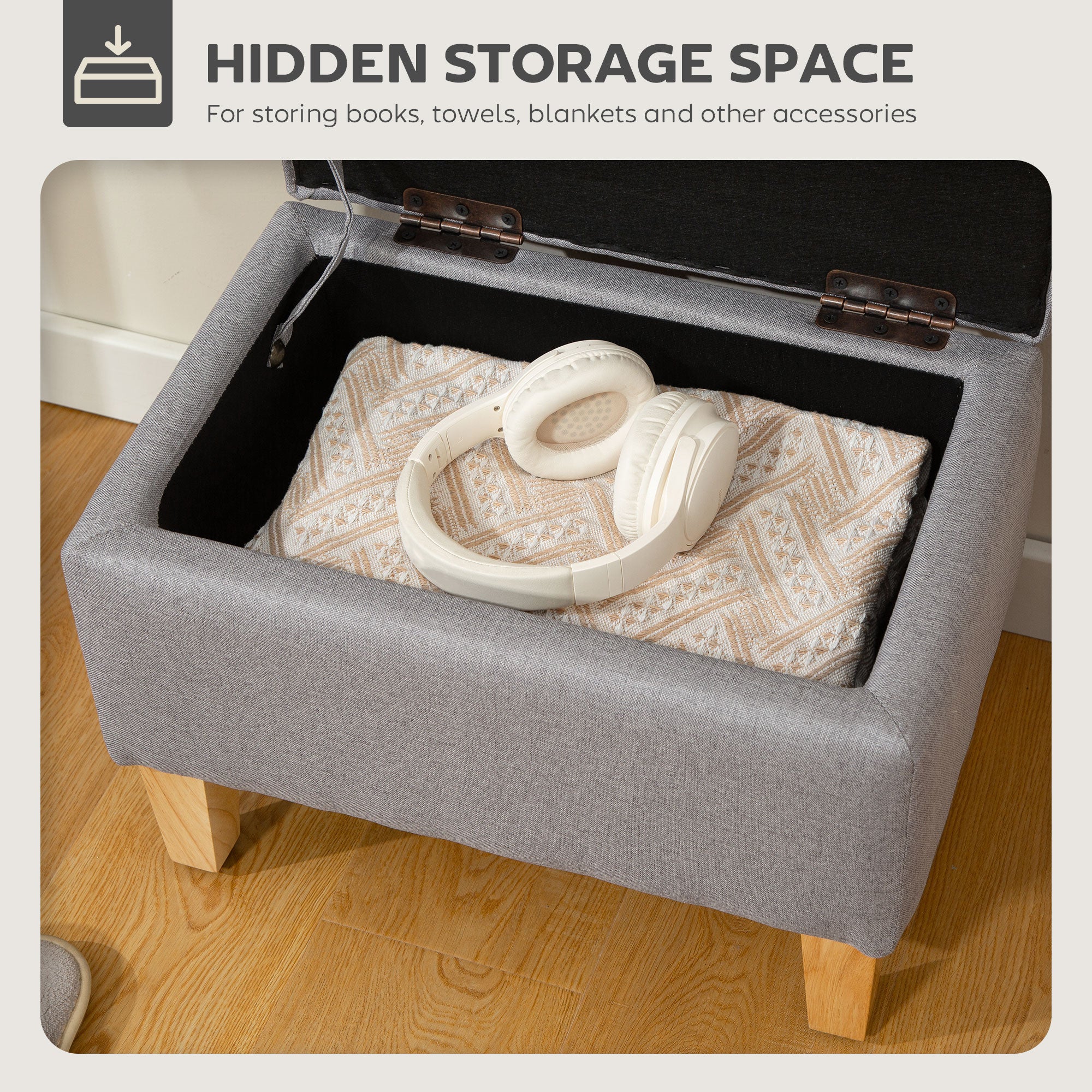 Linen Fabric Storage Ottoman 49cm Wide With Rubberwood Legs - Velmora