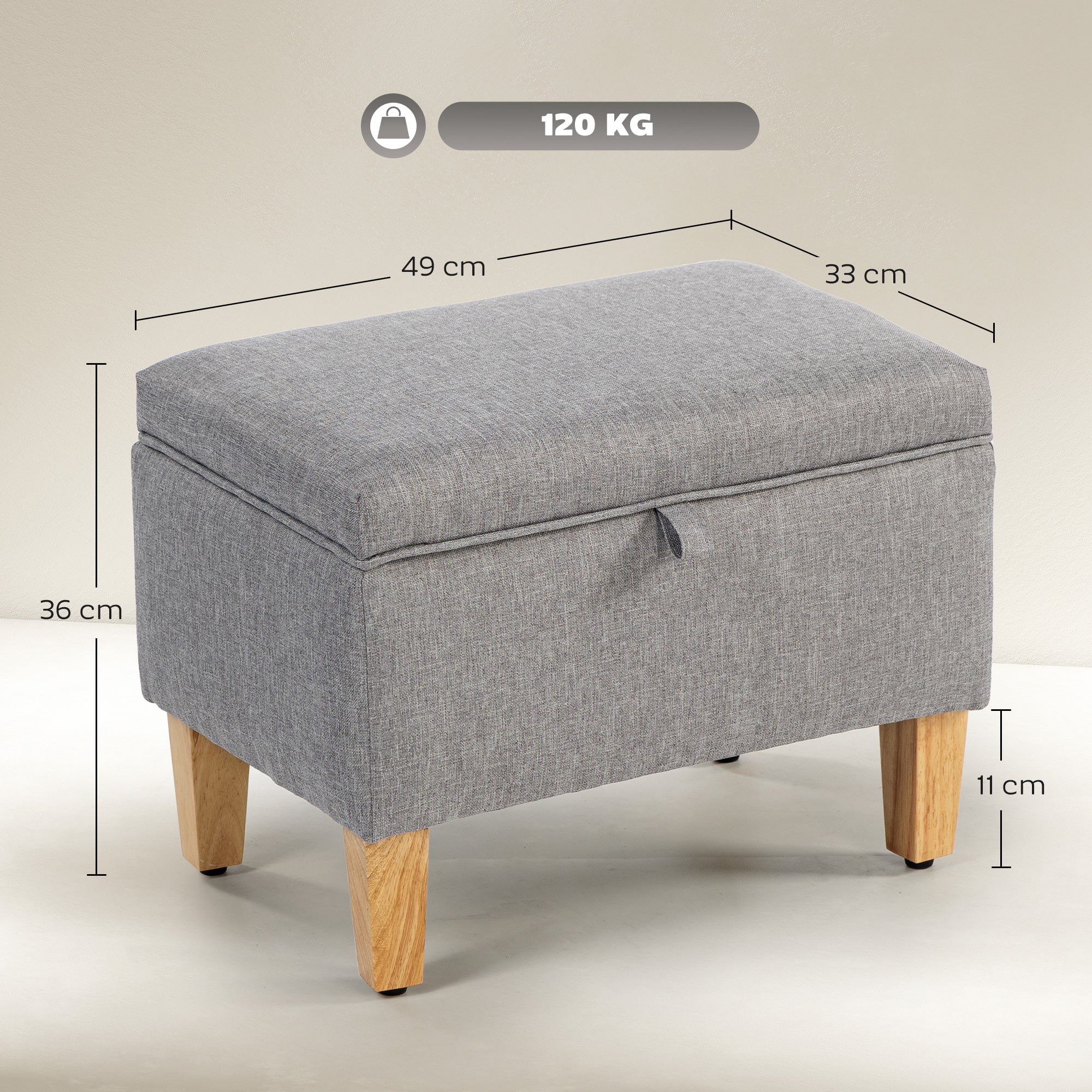 Linen Fabric Storage Ottoman 49cm Wide With Rubberwood Legs - Velmora