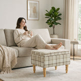 Linen Fabric Storage Ottoman 50cm Wide With Wooden Legs - Velmora