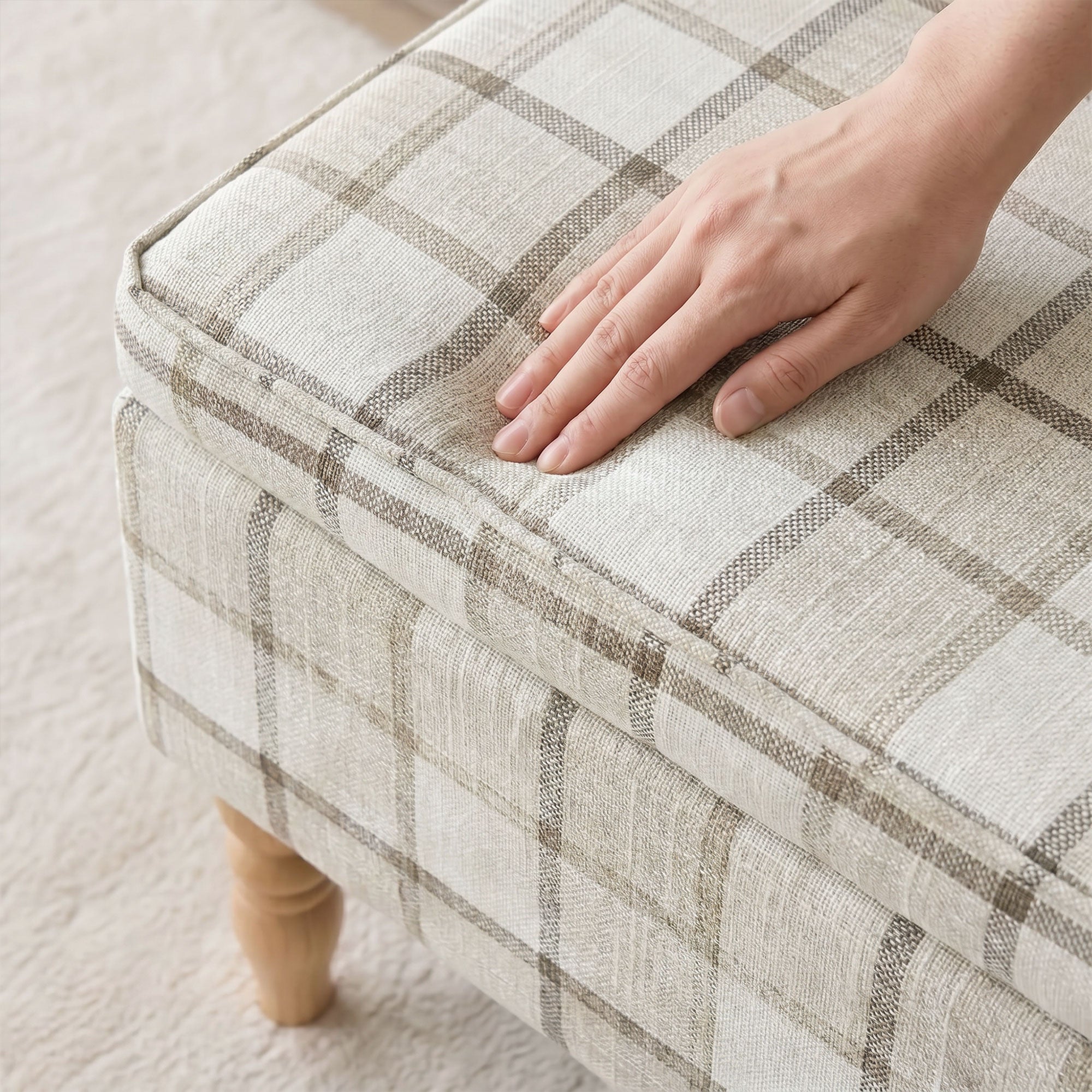Linen Fabric Storage Ottoman 50cm Wide With Wooden Legs - Velmora