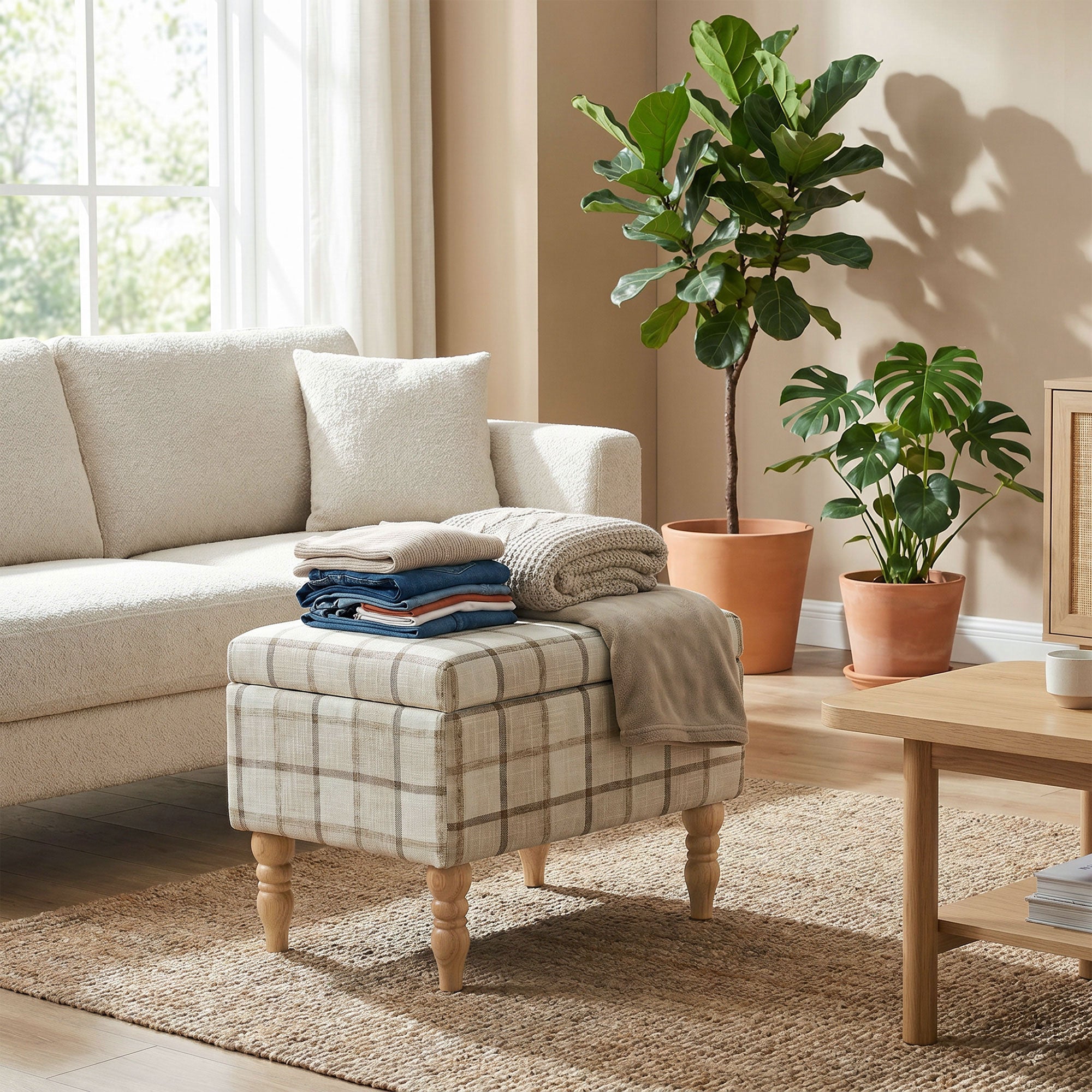 Linen Fabric Storage Ottoman 50cm Wide With Wooden Legs - Velmora